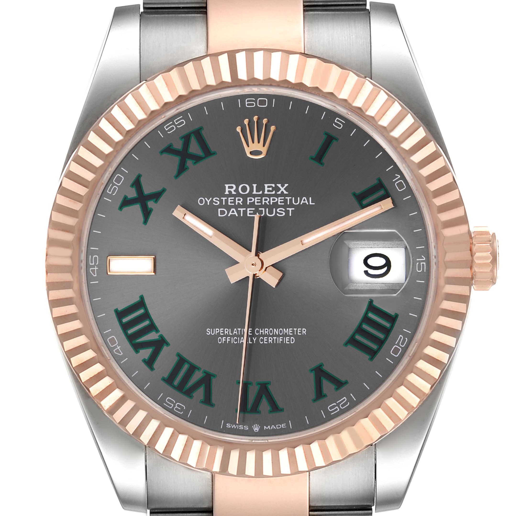 The Rolex Datejust 41 126331 Men's Steel and Gold (two tone) Grey Dial 126331 Men's Steel and Gold (two tone) Grey Dial watch is shown from a front angle, highlighting the dial, bezel, and part of the bracelet.