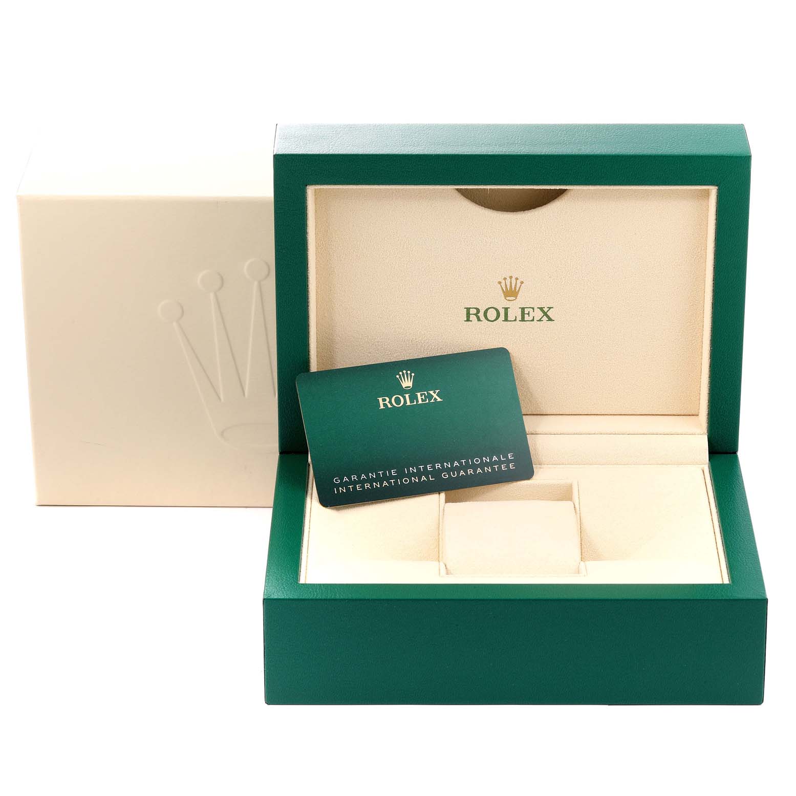 The image shows the opened green and beige box and international guarantee card for the Rolex Datejust 41 126331 Men's Steel and Gold (two tone) Grey Dial 126331 Men's Steel and Gold (two tone) Grey Dial watch.