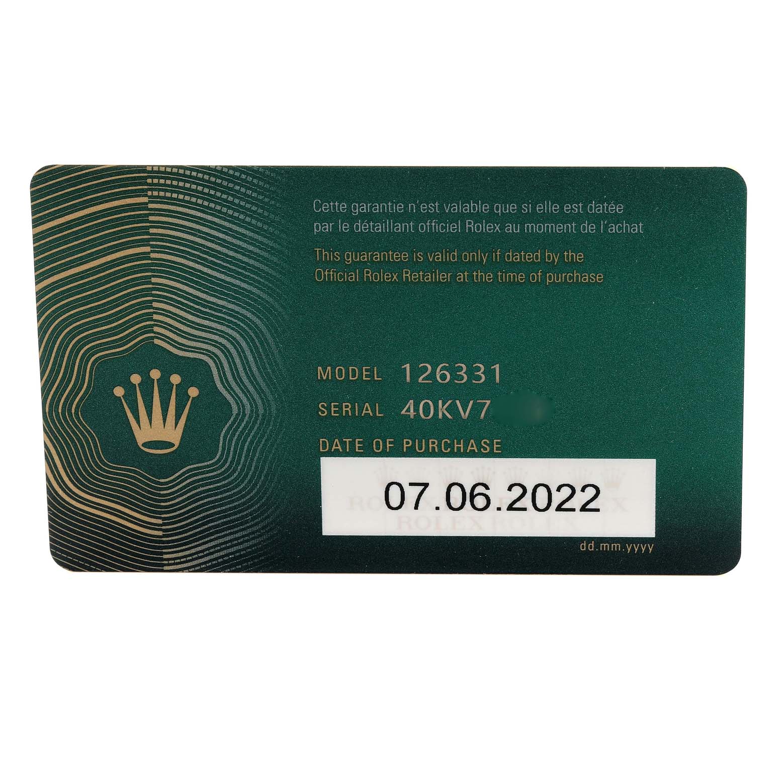 This image shows a warranty card for the Rolex Datejust 41 126331 Men's Steel and Gold (two tone) Grey Dial 126331 Men's Steel and Gold (two tone) Grey Dial model.