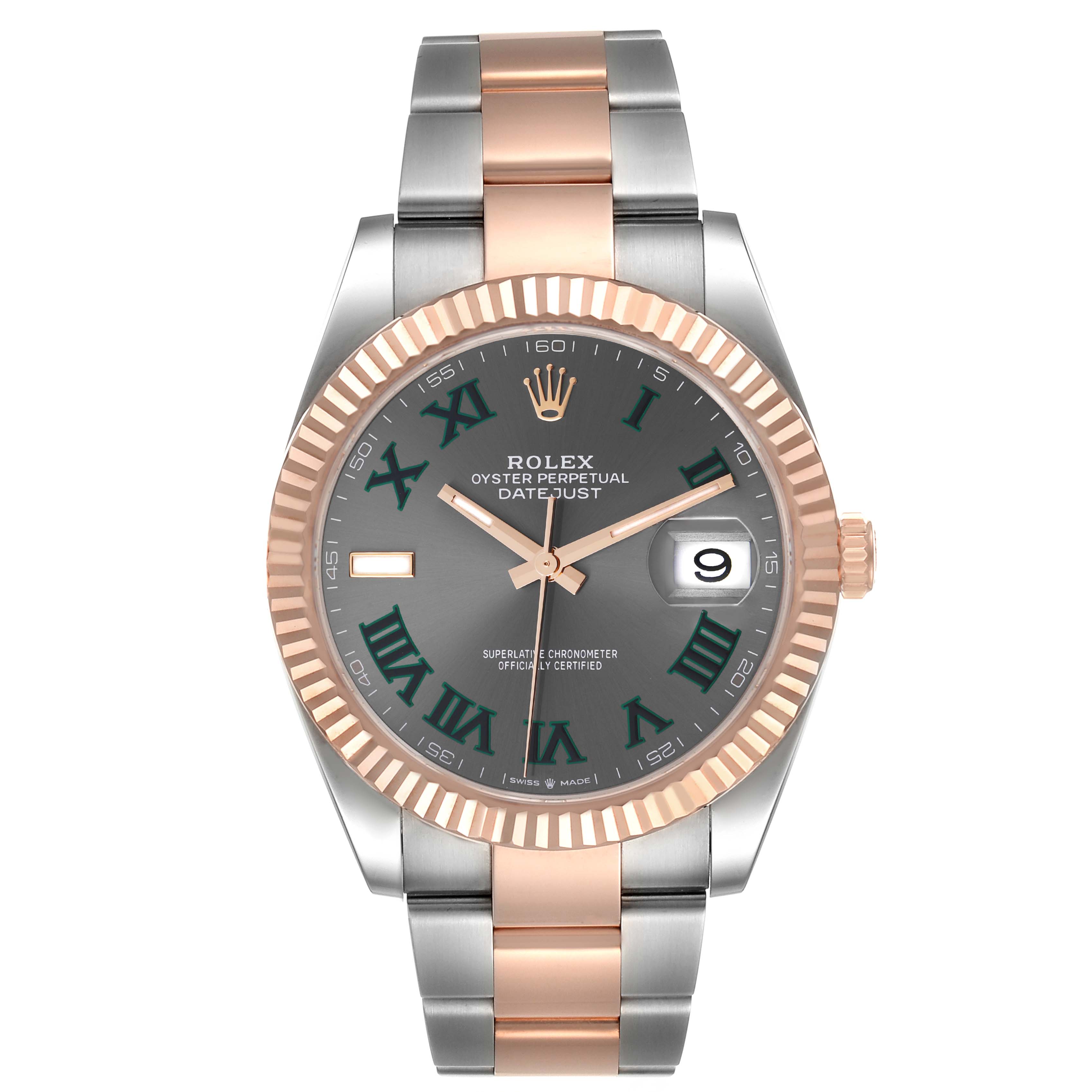 The image shows a front view of the Rolex Datejust 41 126331 Men's Steel and Gold (two tone) Grey Dial 126331 Men's Steel and Gold (two tone) Grey Dial with a two-tone bracelet, fluted bezel, and a grey dial with green Roman numerals.