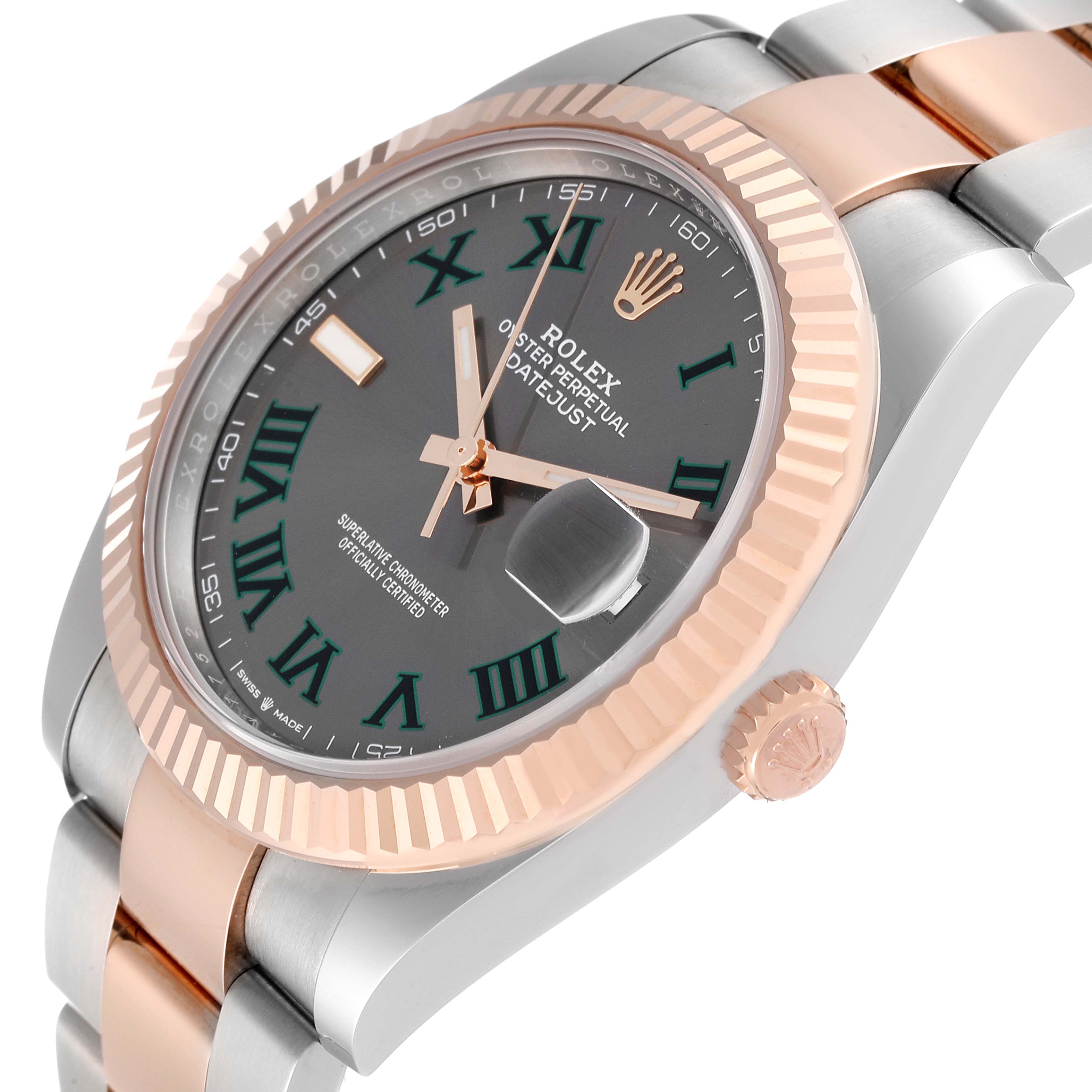 The image shows a Rolex Datejust 41 126331 Men's Steel and Gold (two tone) Grey Dial 126331 Men's Steel and Gold (two tone) Grey Dial watch from a diagonal angle, featuring its two-tone bezel, crown, and part of the bracelet.