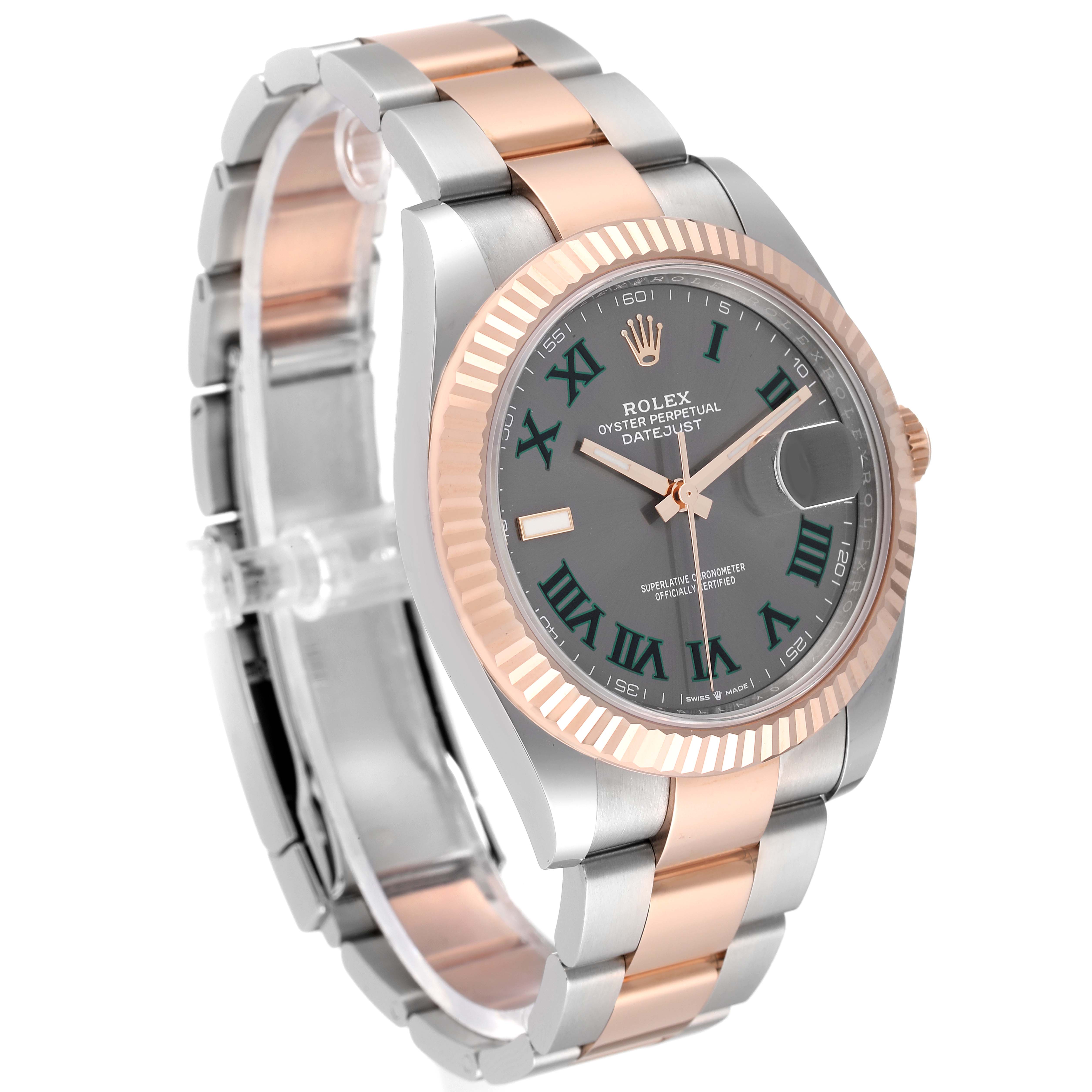 The Rolex Datejust 41 126331 Men's Steel and Gold (two tone) Grey Dial 126331 Men's Steel and Gold (two tone) Grey Dial watch is shown at a three-quarter angle, highlighting its two-tone bracelet, fluted bezel, and green Roman numeral dial.