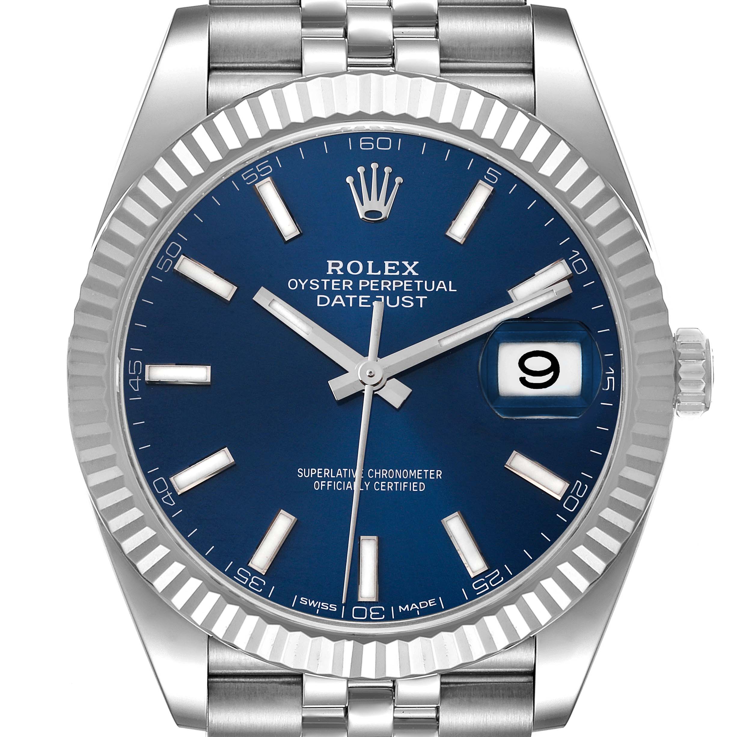 This is a close-up, front-on view of a Rolex Datejust 41 126334 Men's Stainless Steel Blue Dial 126334 Men's Stainless Steel Blue Dial watch, showcasing its blue dial and fluted bezel.