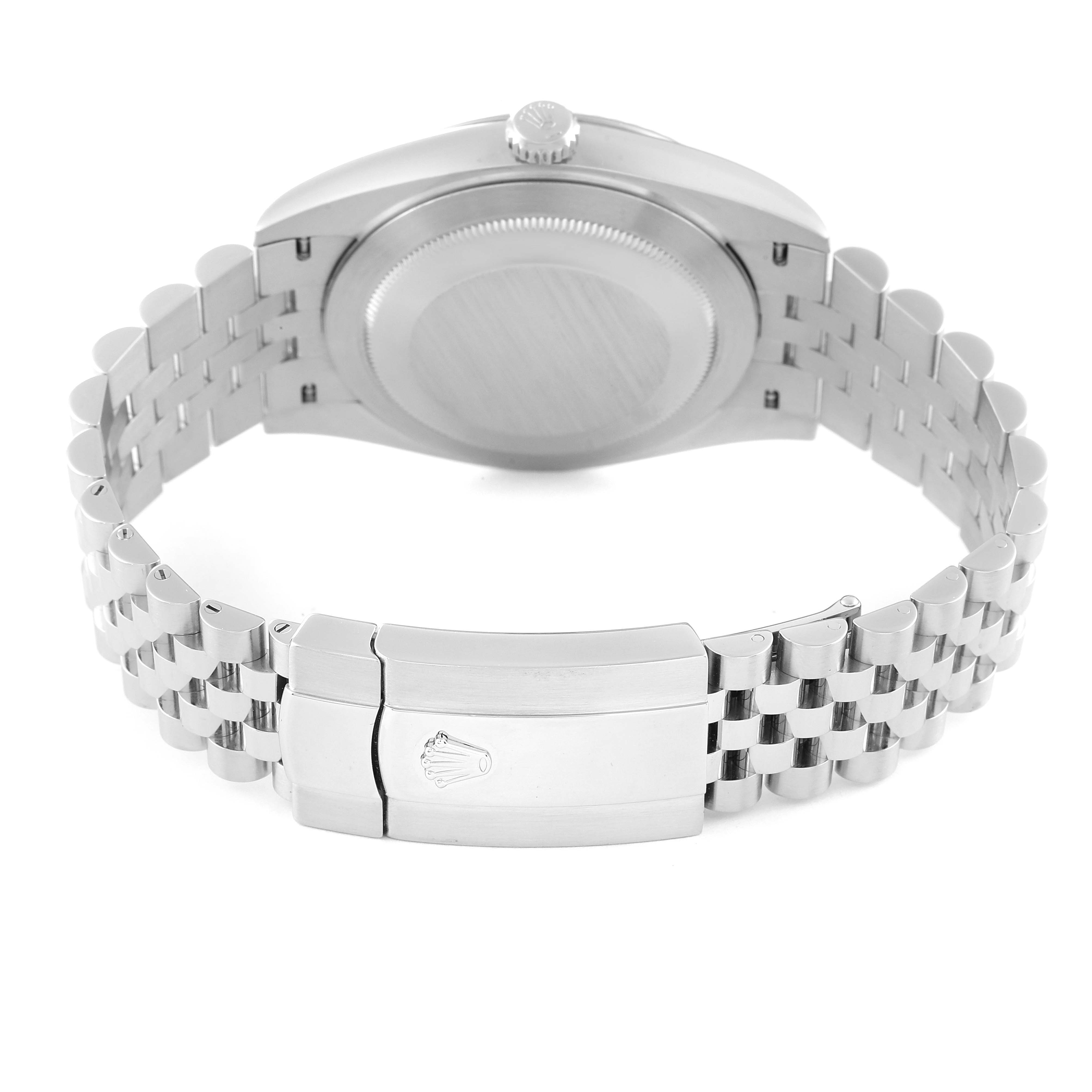 The image shows the back case, crown, and bracelet clasp of a Rolex Datejust 41 126334 Men's Stainless Steel Blue Dial 126334 Men's Stainless Steel Blue Dial watch from a rear angle.