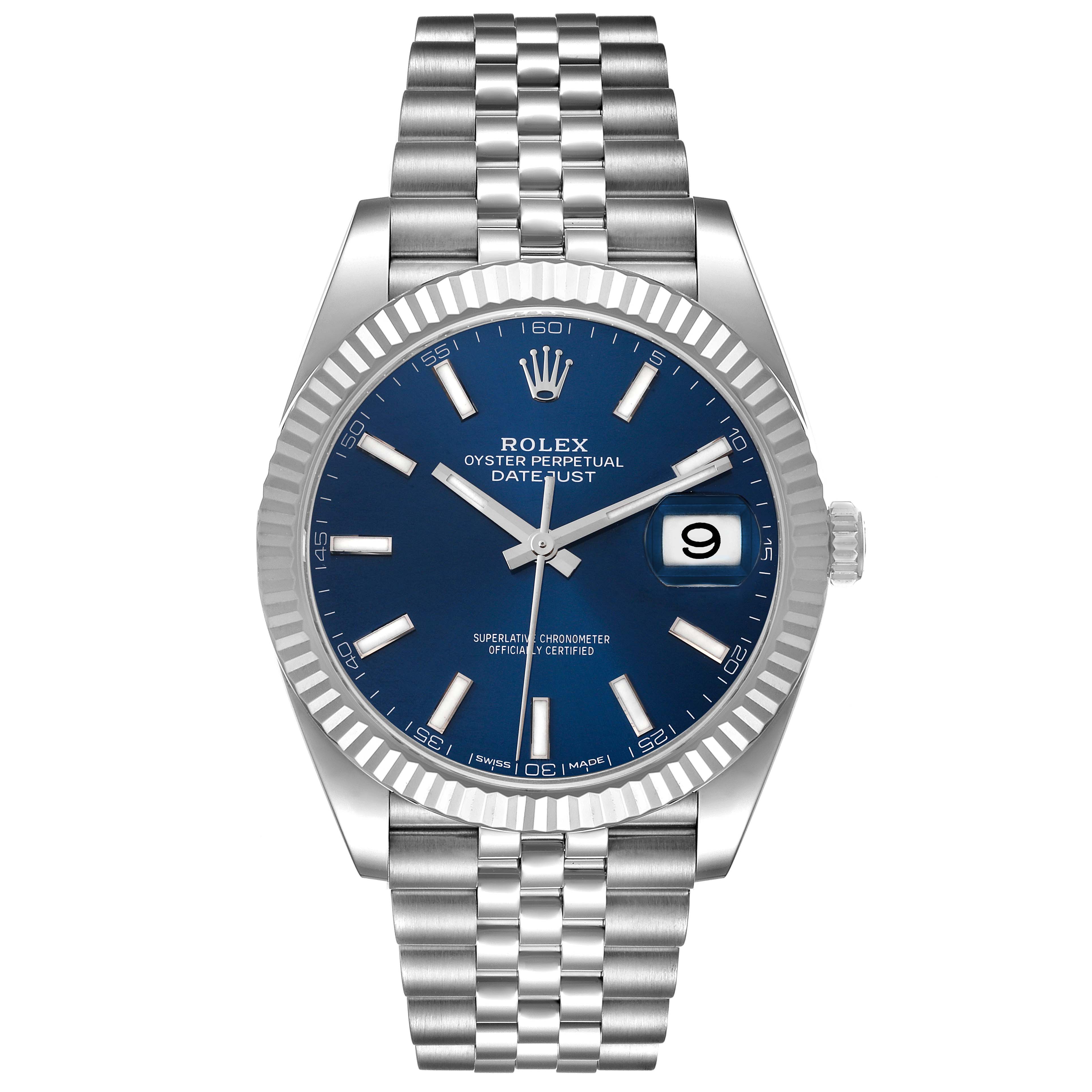 This Rolex Datejust 41 126334 Men's Stainless Steel Blue Dial 126334 Men's Stainless Steel Blue Dial model watch is shown in a head-on angle, highlighting its blue dial, fluted bezel, and Jubilee bracelet.