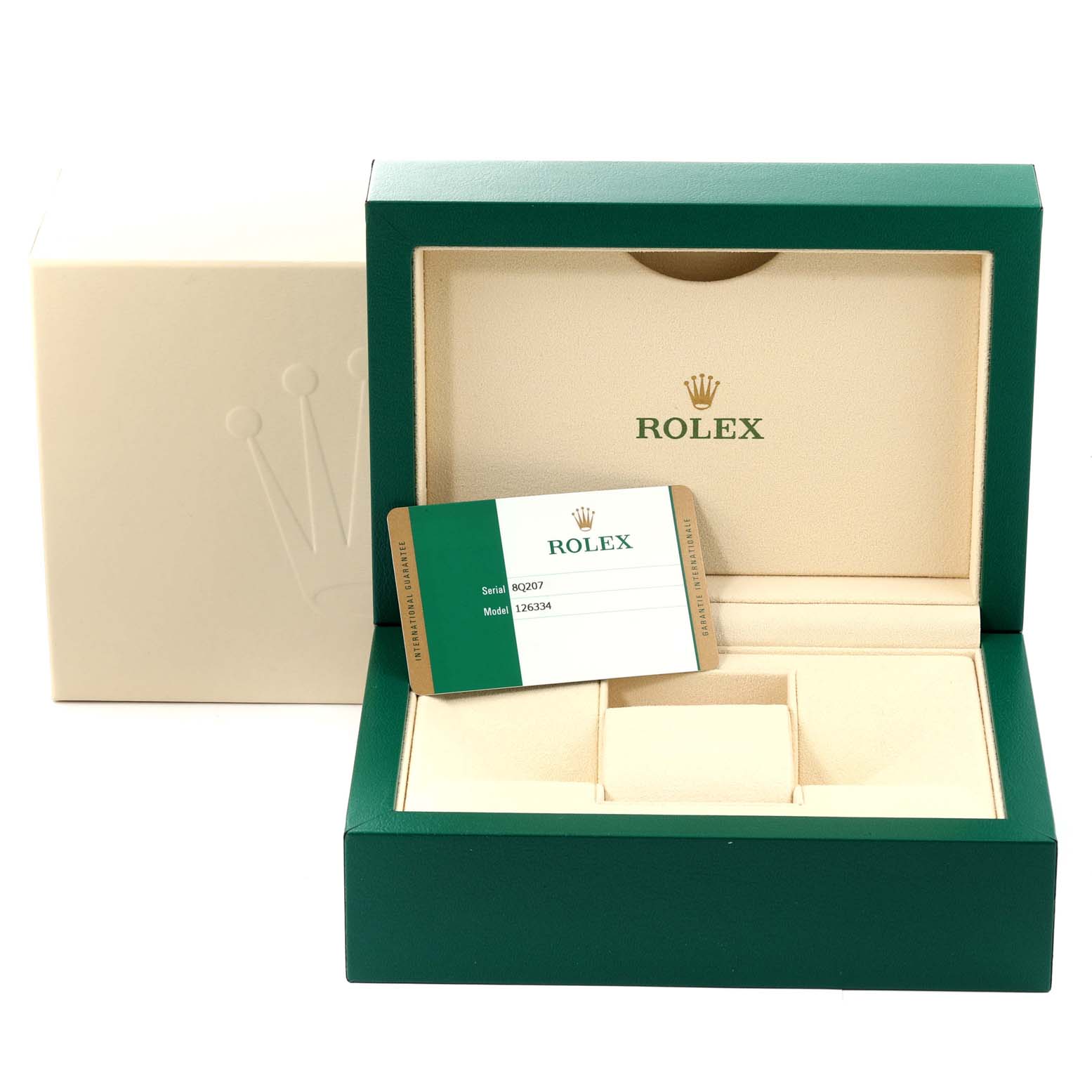 The image shows the open box and warranty card for a Rolex Datejust 41 126334 Men's Stainless Steel Blue Dial 126334 Men's Stainless Steel Blue Dial model.