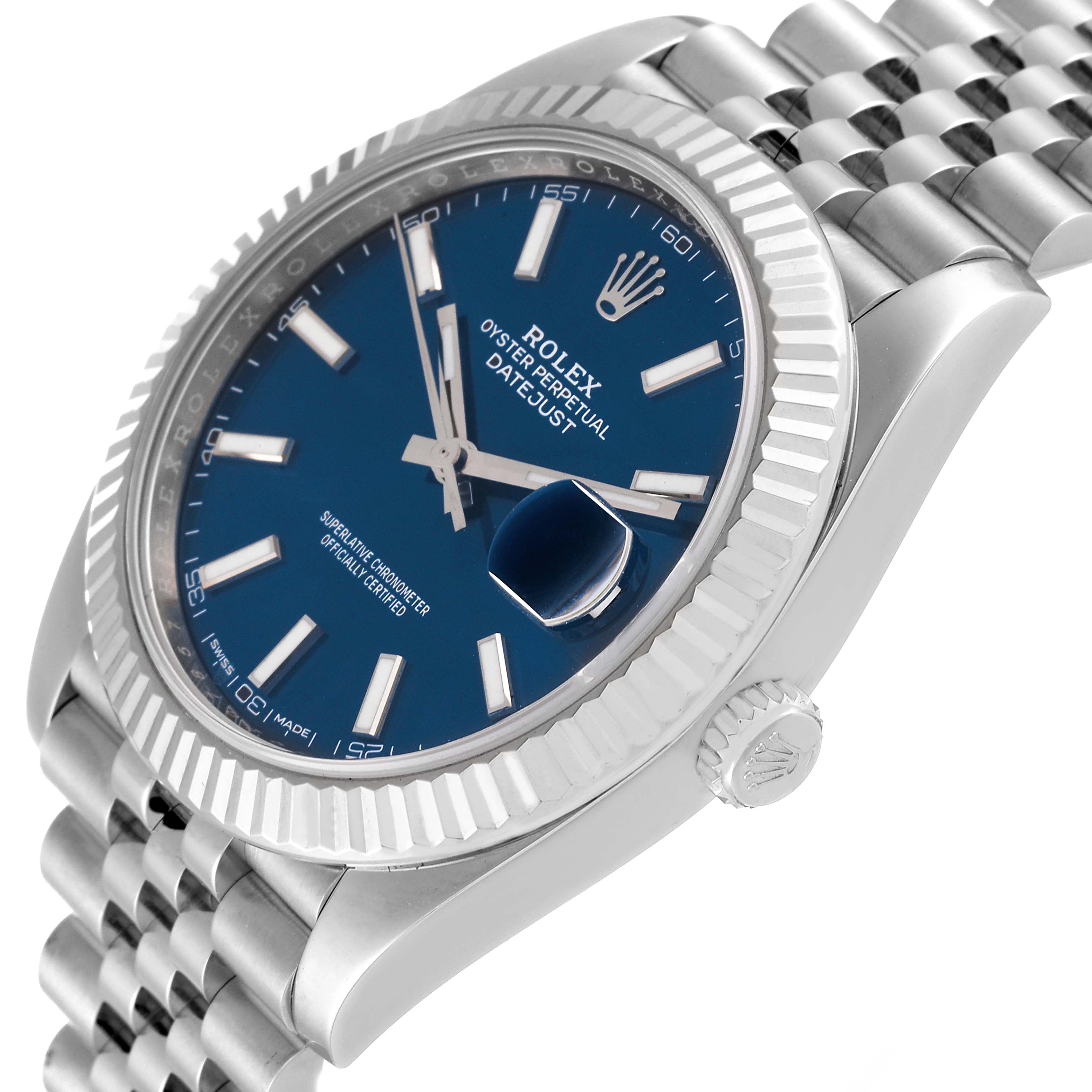 The image shows a close-up side view of the Rolex Datejust 41 126334 Men's Stainless Steel Blue Dial 126334 Men's Stainless Steel Blue Dial, highlighting the blue dial, fluted bezel, bracelet, and crown.