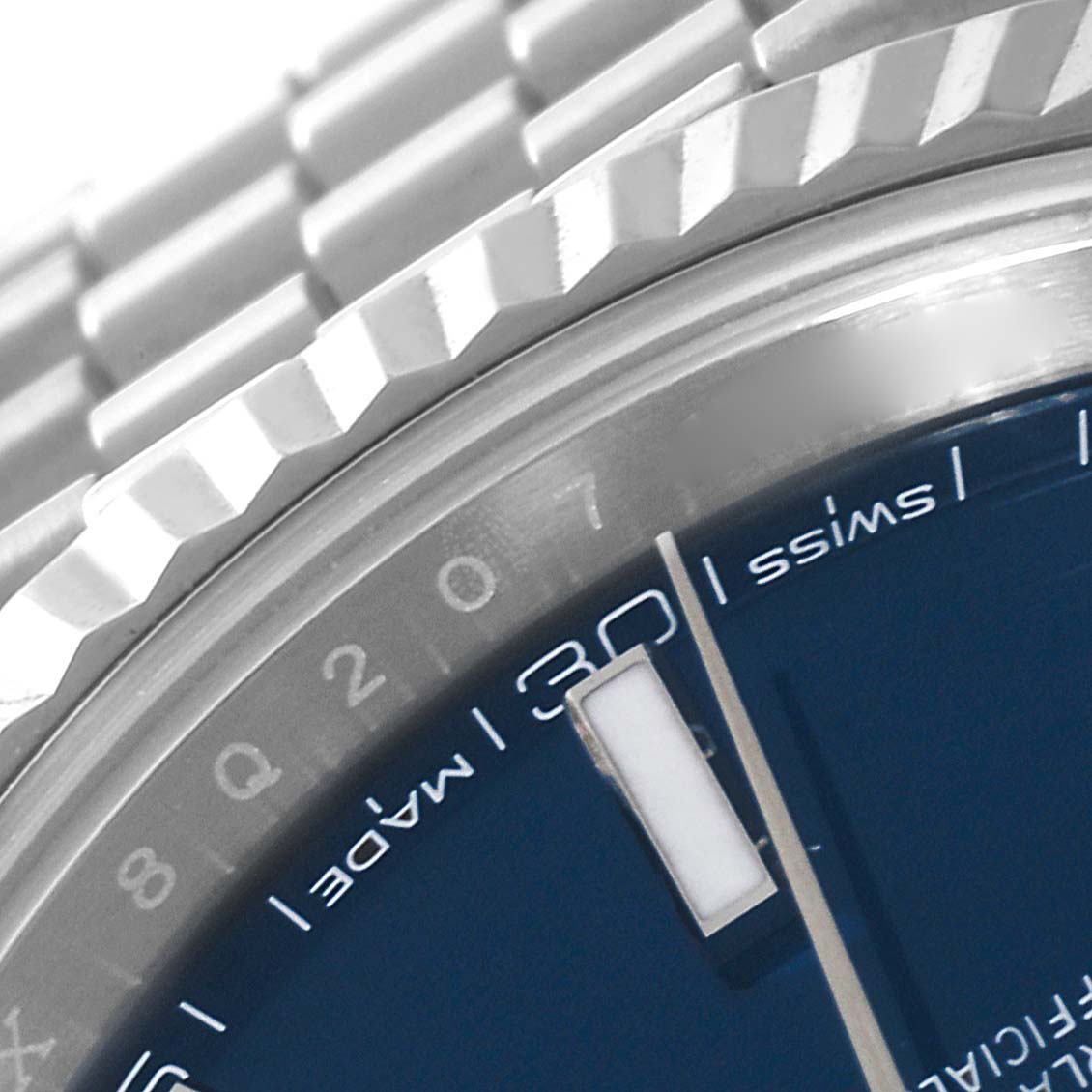 The close-up image shows the bezel, blue dial, and part of the bracelet of the Rolex Datejust 41 126334 Men's Stainless Steel Blue Dial 126334 Men's Stainless Steel Blue Dial watch.