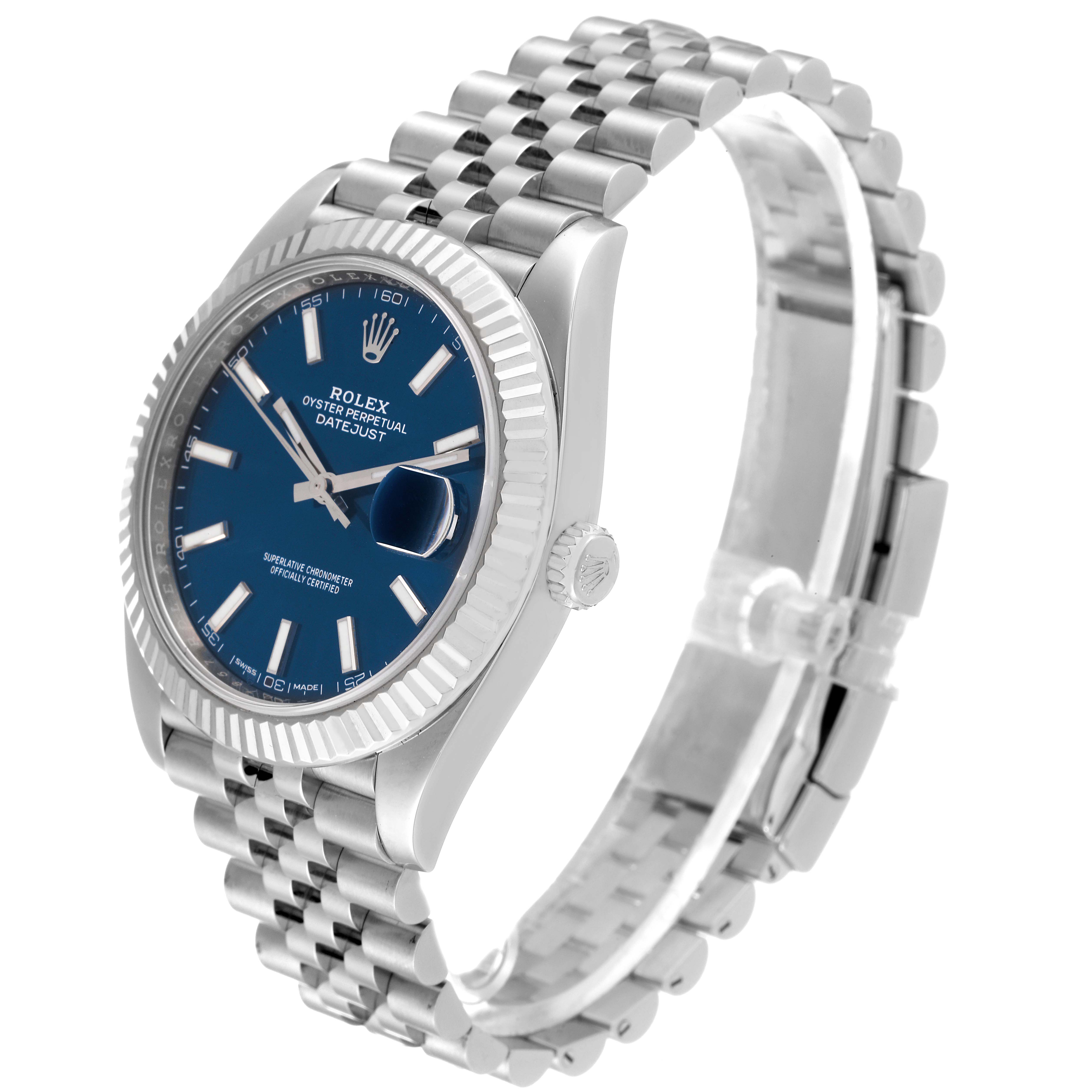 This image shows a Rolex Datejust 41 126334 Men's Stainless Steel Blue Dial 126334 Men's Stainless Steel Blue Dial watch at a three-quarter angle, highlighting the face, bezel, and Jubilee bracelet.