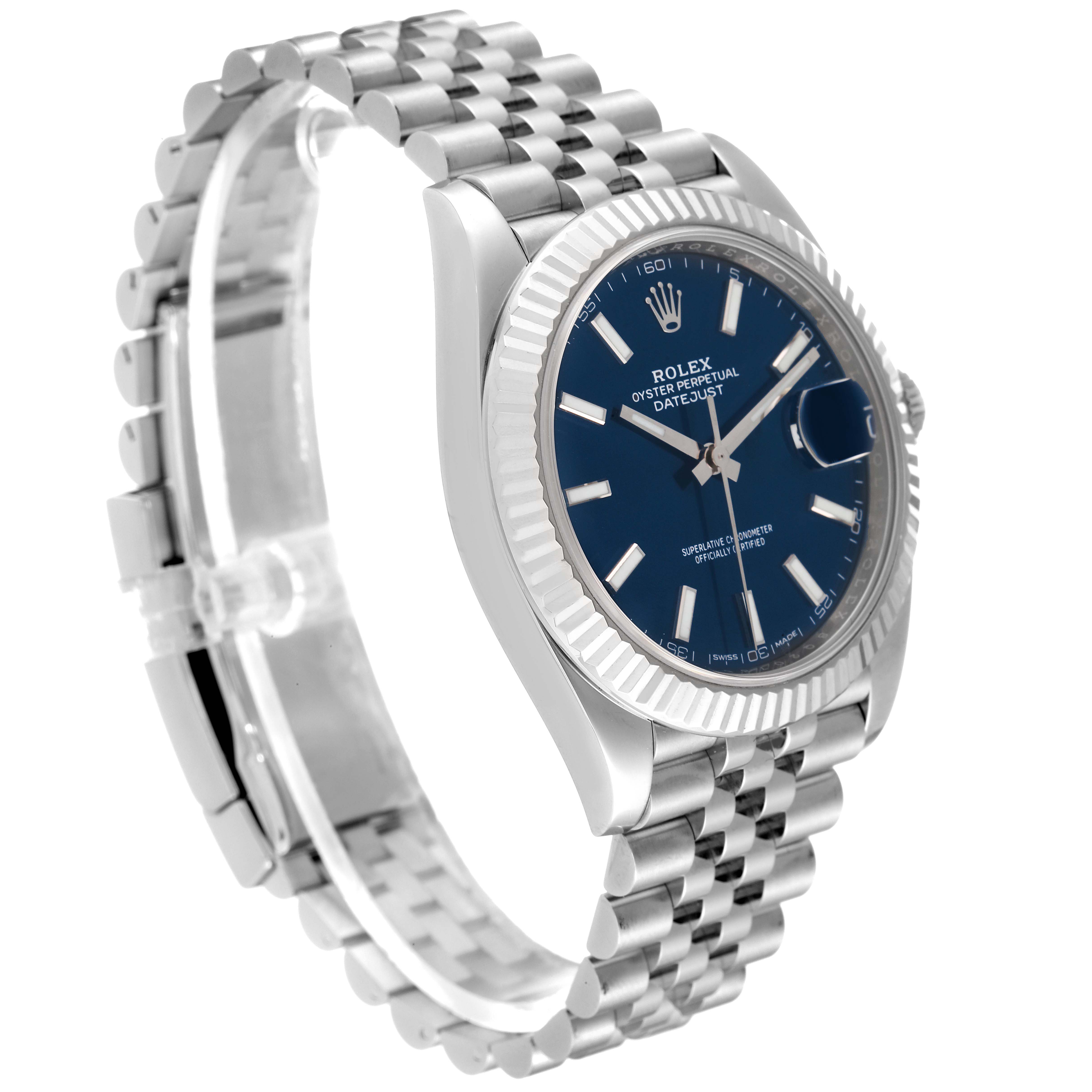 The Rolex Datejust 41 126334 Men's Stainless Steel Blue Dial 126334 Men's Stainless Steel Blue Dial watch is shown at a slight angle, featuring its blue dial, fluted bezel, and Jubilee bracelet.