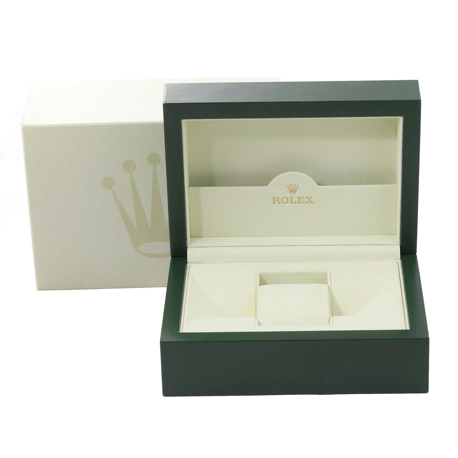 The image shows an open green and beige Rolex watch box for the Datejust 41 model, displaying the inside compartments and cushion.