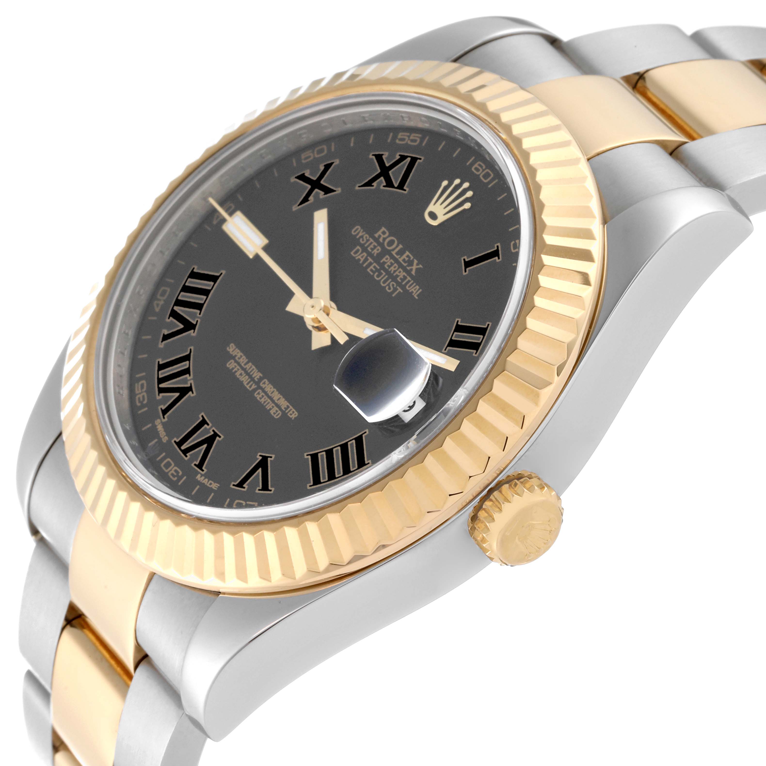 This angled shot of the Rolex Datejust 41 116333 Men's Steel and Gold (two tone) Black Dial 116333 Men's Steel and Gold (two tone) Black Dial shows the dial, bezel, crown, and part of the bracelet.
