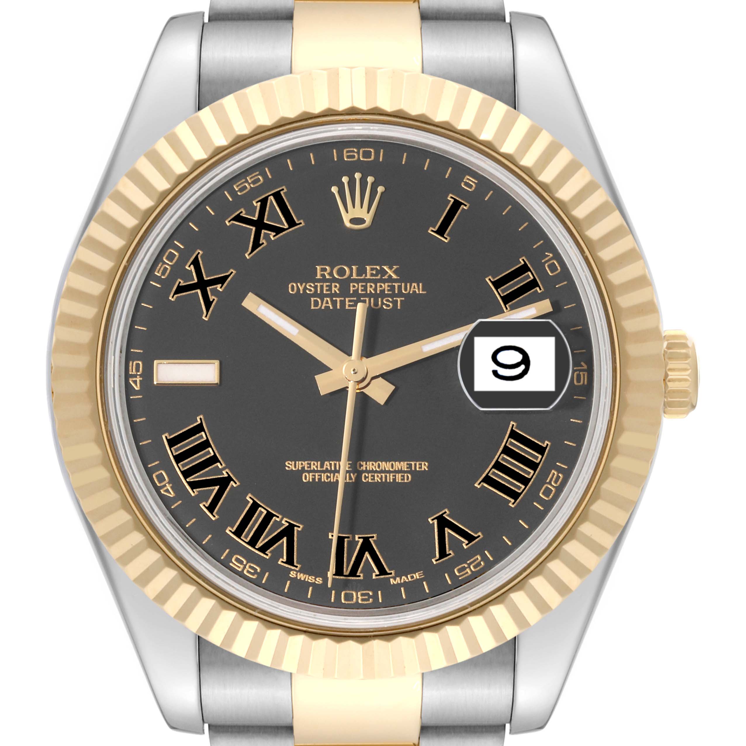 This image shows a front view of the Rolex Datejust 41 116333 Men's Steel and Gold (two tone) Black Dial 116333 Men's Steel and Gold (two tone) Black Dial watch, highlighting the dial, bezel, hands, and date window.