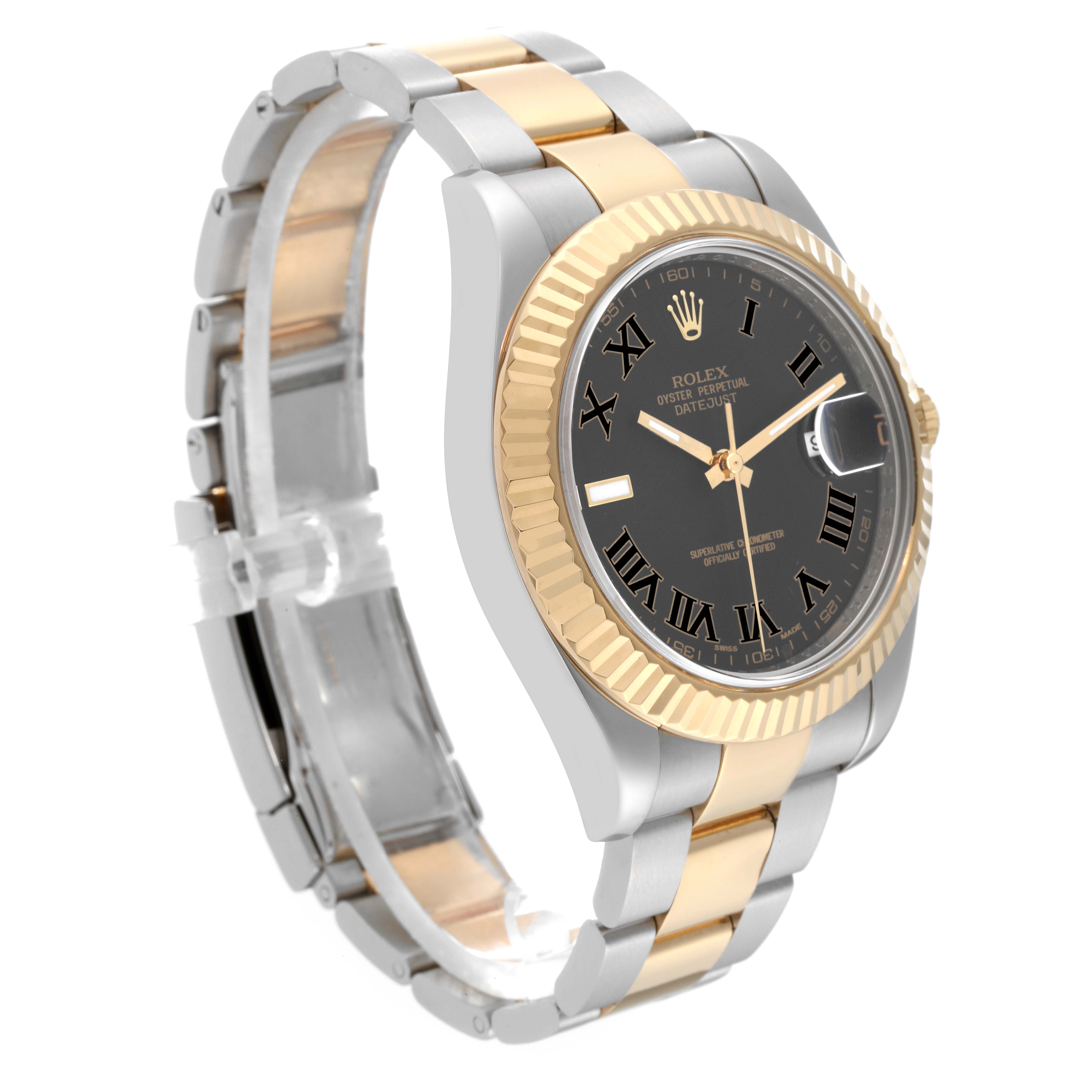 The image shows a Rolex Datejust 41 116333 Men's Steel and Gold (two tone) Black Dial 116333 Men's Steel and Gold (two tone) Black Dial at a slight angle, highlighting its two-tone bracelet, black dial, and gold fluted bezel.