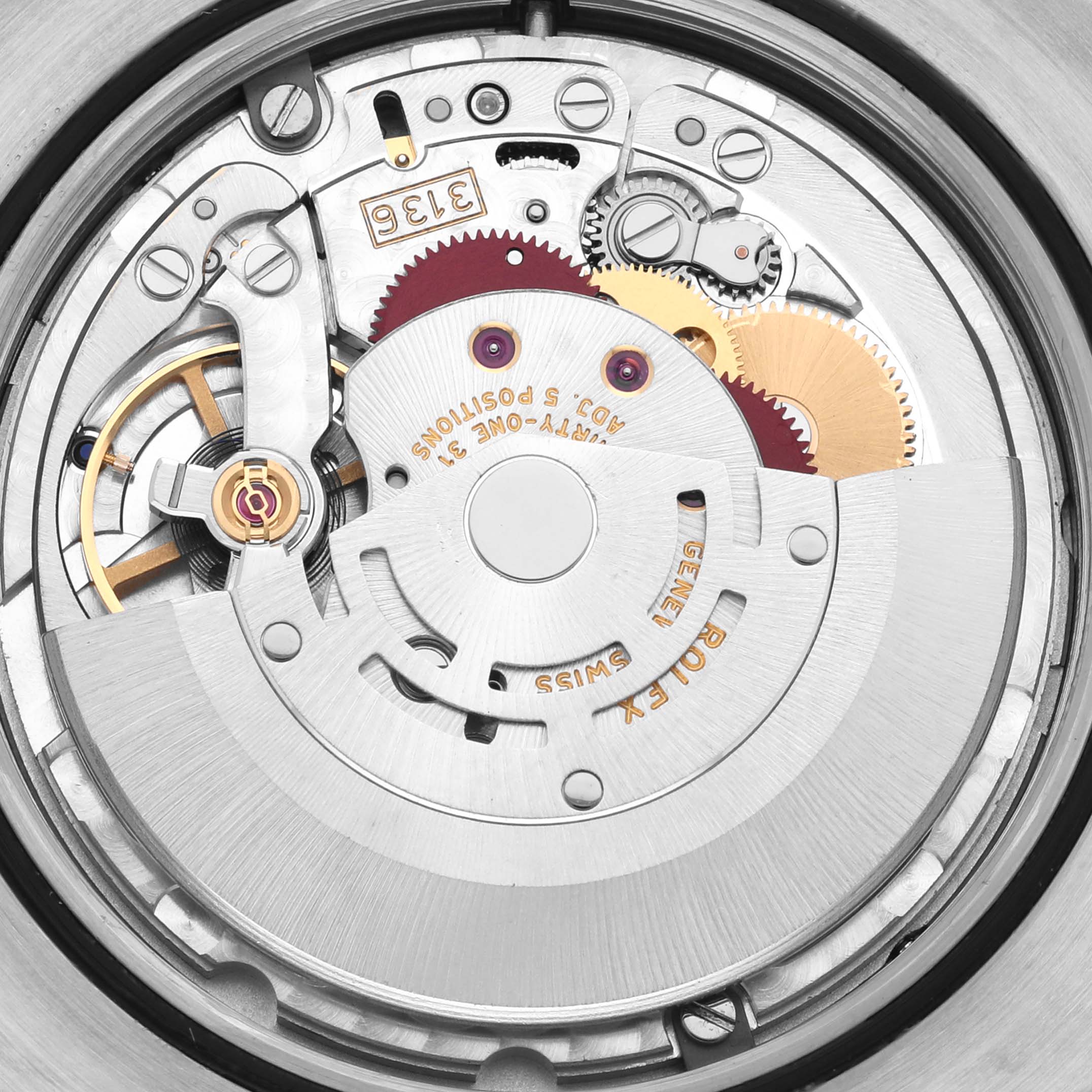 This image shows a close-up view of the Rolex Datejust 41 116333 Men's Steel and Gold (two tone) Black Dial 116333 Men's Steel and Gold (two tone) Black Dial watch's movement and inner mechanisms.