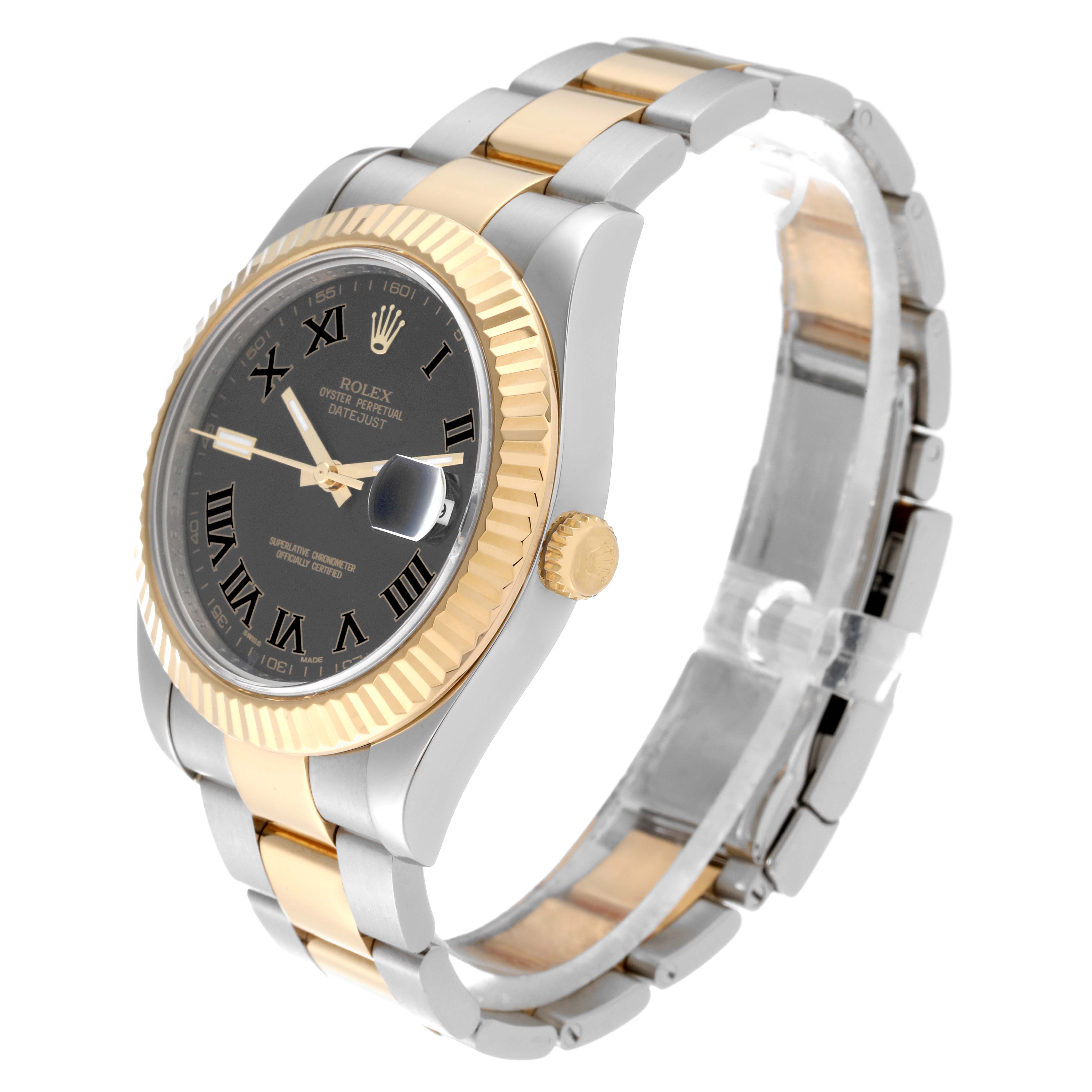 The Rolex Datejust 41 116333 Men's Steel and Gold (two tone) Black Dial 116333 Men's Steel and Gold (two tone) Black Dial watch is shown at a 3/4 angle, highlighting its black dial, gold fluted bezel, and two-tone bracelet.
