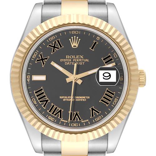 The image shows a front view of the Rolex Datejust 41, highlighting the bezel, dial, hands, and date window at 3 o'clock.