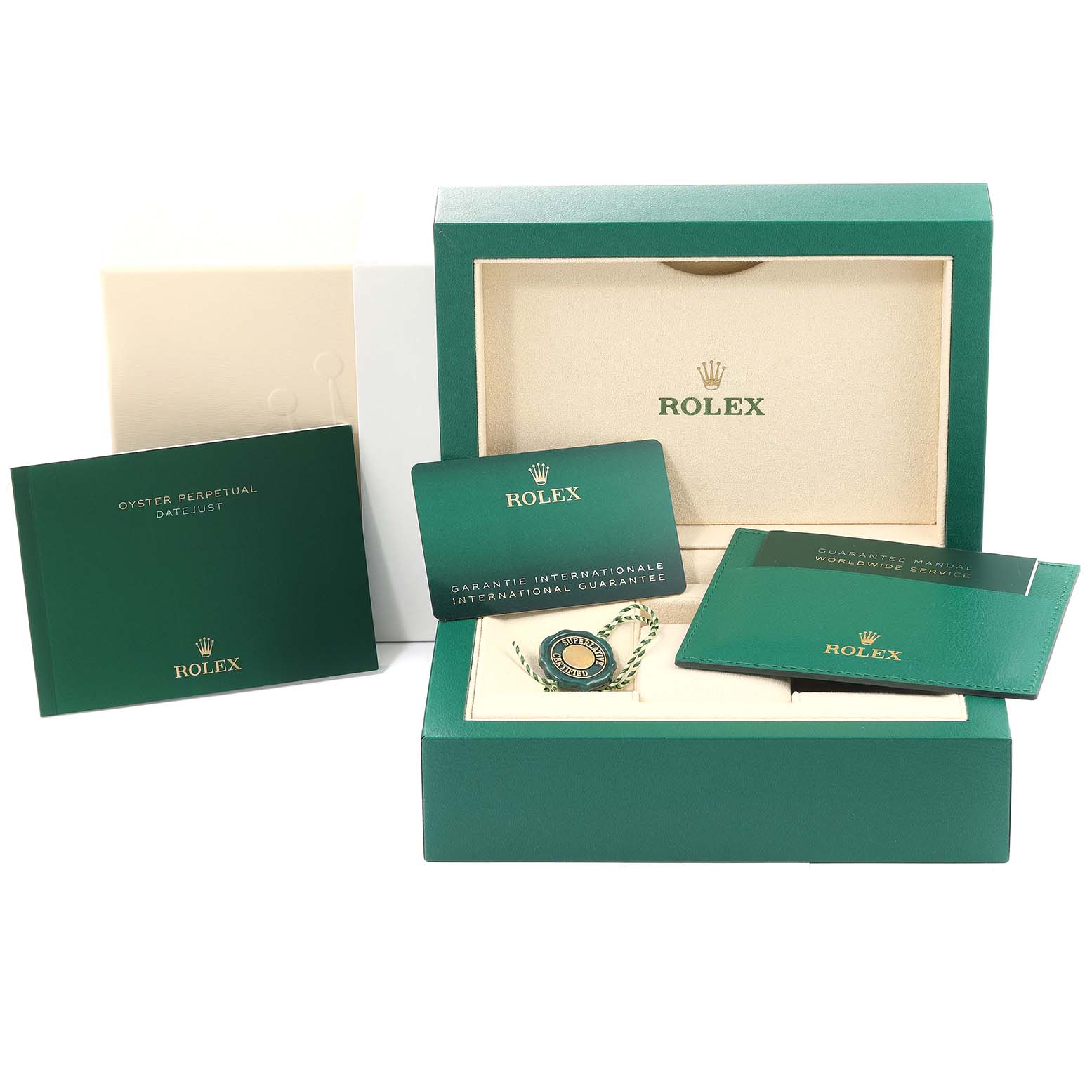 The image shows the packaging and accessories for a Rolex Datejust 41 126333 Men's Steel and Gold (two tone) Silver Dial 126333 Men's Steel and Gold (two tone) Silver Dial, including the box, manuals, and guarantee card.