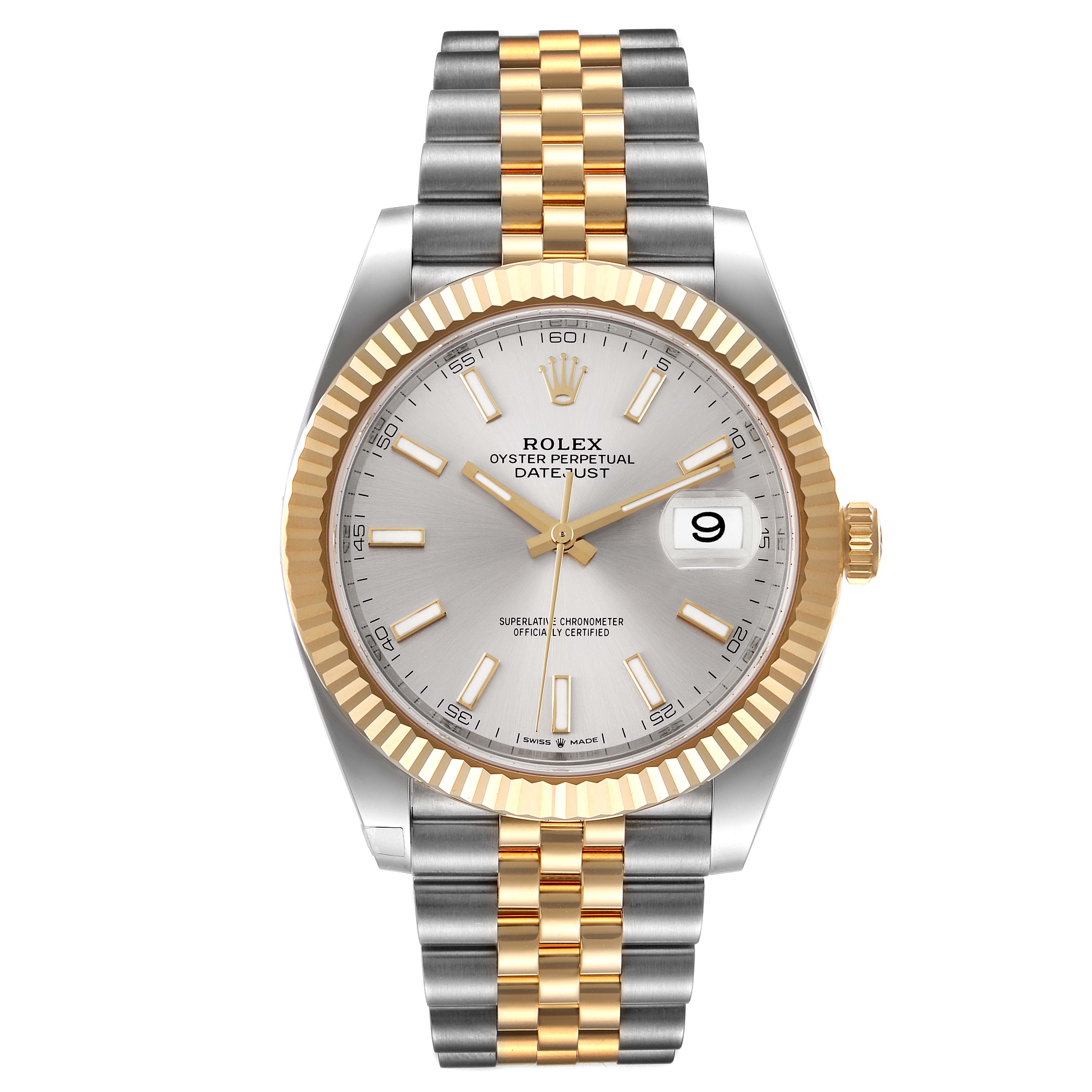The image shows a front view of the Rolex Datejust 41 126333 Men's Steel and Gold (two tone) Silver Dial 126333 Men's Steel and Gold (two tone) Silver Dial, highlighting its dial, hands, bezel, and two-tone bracelet.