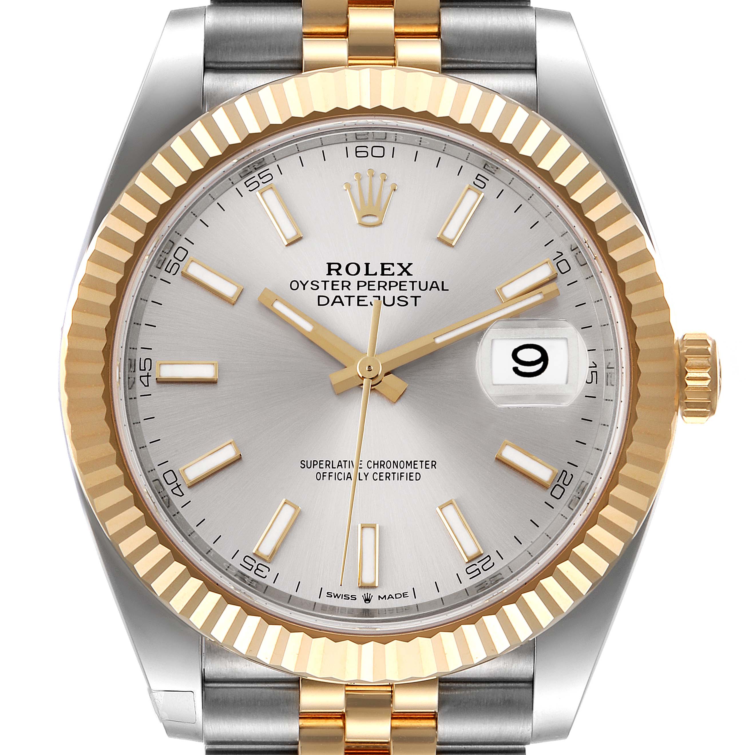 The image shows the face of the Rolex Datejust 41 126333 Men's Steel and Gold (two tone) Silver Dial 126333 Men's Steel and Gold (two tone) Silver Dial watch, highlighting the dial, hands, bezel, and part of the band.