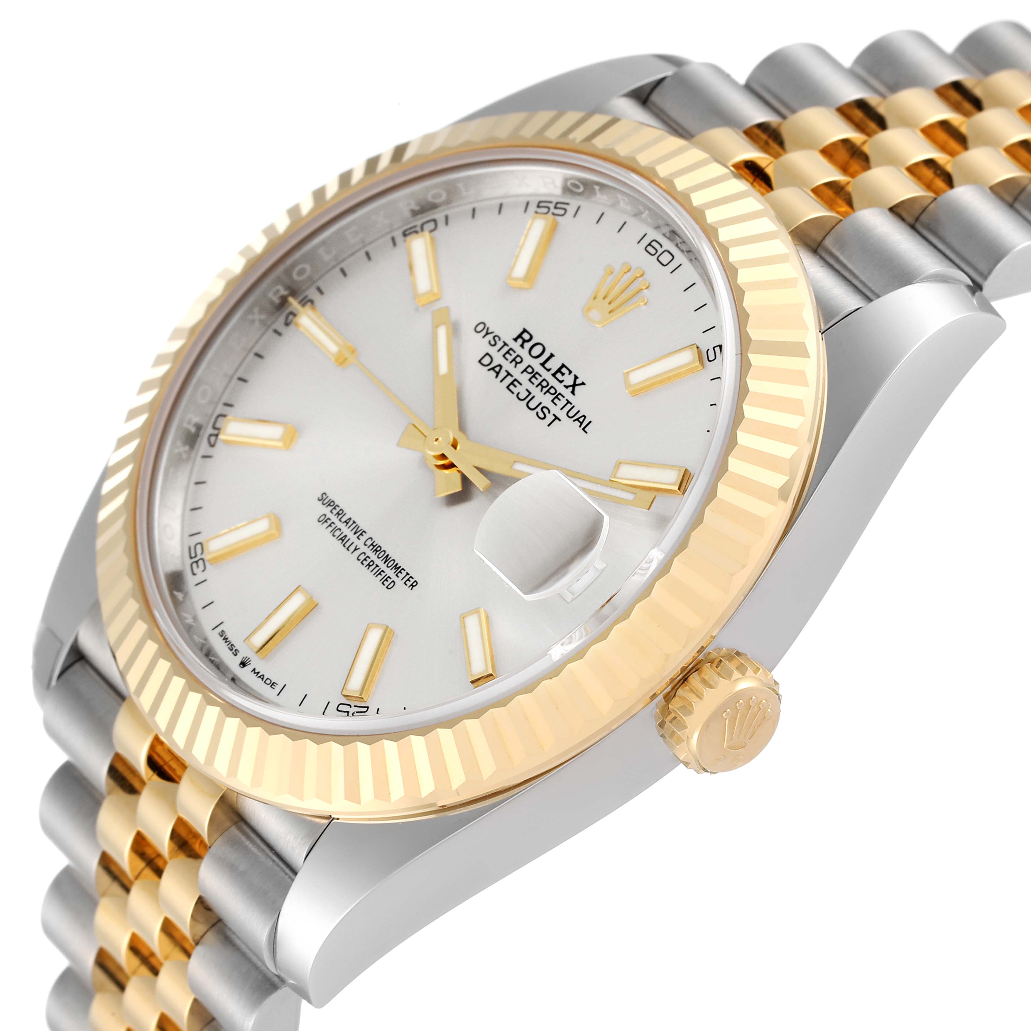 This image shows the side and top angle of a Rolex Datejust 41 126333 Men's Steel and Gold (two tone) Silver Dial 126333 Men's Steel and Gold (two tone) Silver Dial, highlighting its gold bezel, crown, and dual-tone bracelet.