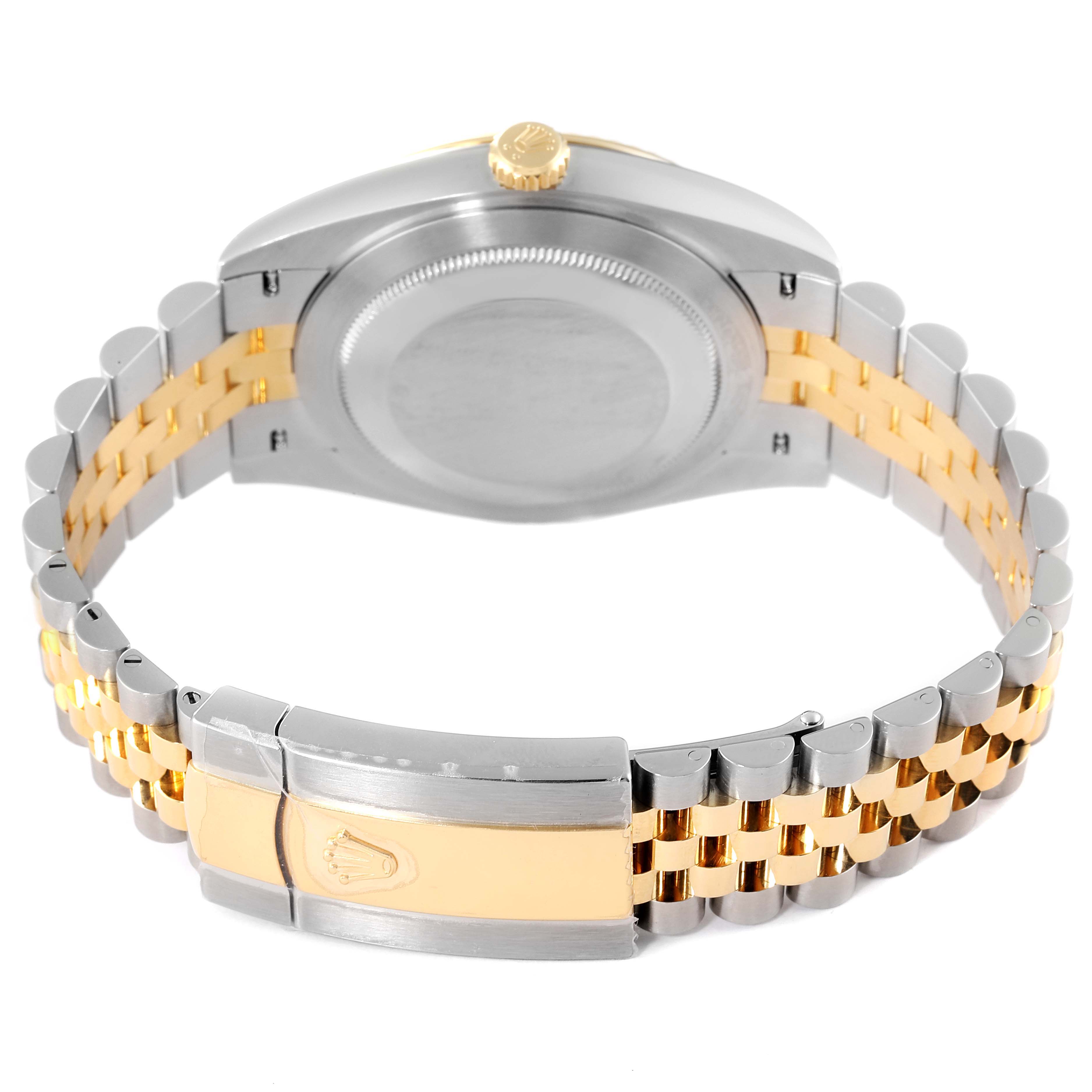 The image shows the back case and Jubilee bracelet of the Rolex Datejust 41 126333 Men's Steel and Gold (two tone) Silver Dial 126333 Men's Steel and Gold (two tone) Silver Dial watch, highlighting the clasp and crown.