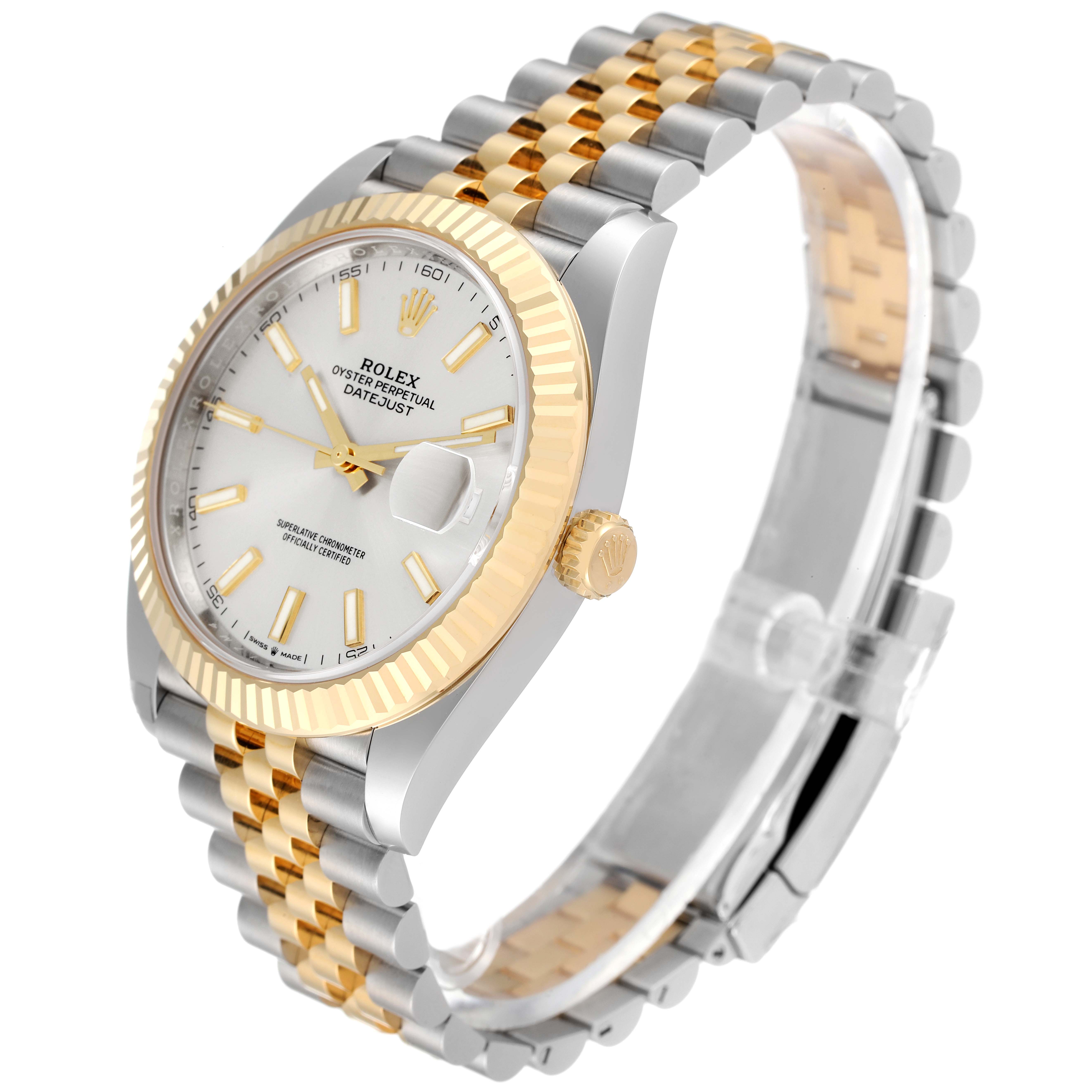 The Rolex Datejust 41 126333 Men's Steel and Gold (two tone) Silver Dial 126333 Men's Steel and Gold (two tone) Silver Dial is shown at a three-quarter angle, highlighting the case, bracelet, dial, and crown.