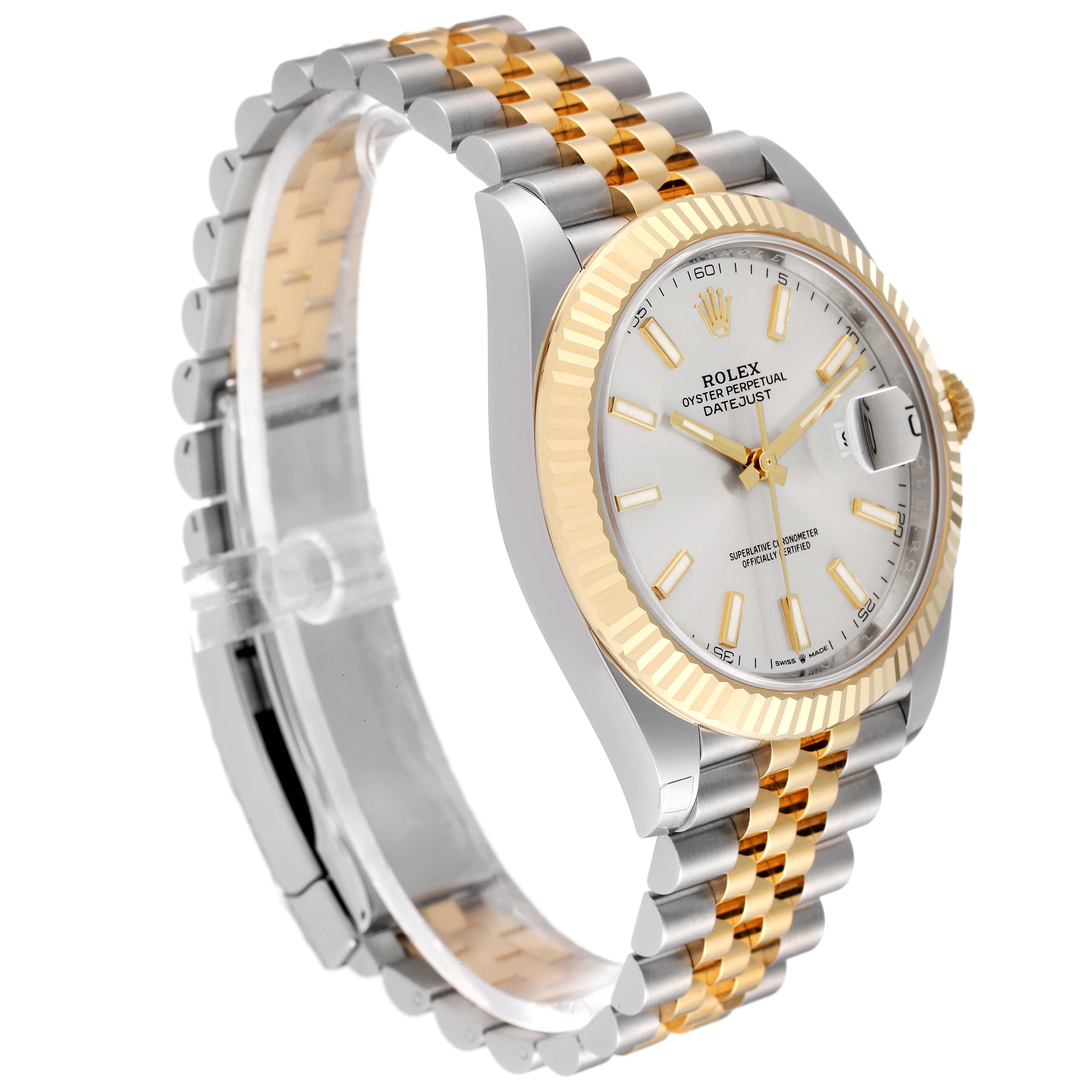 The Rolex Datejust 41 126333 Men's Steel and Gold (two tone) Silver Dial 126333 Men's Steel and Gold (two tone) Silver Dial is shown at a 3/4 front angle, highlighting the gold and silver fluted bezel, dial, and bracelet.