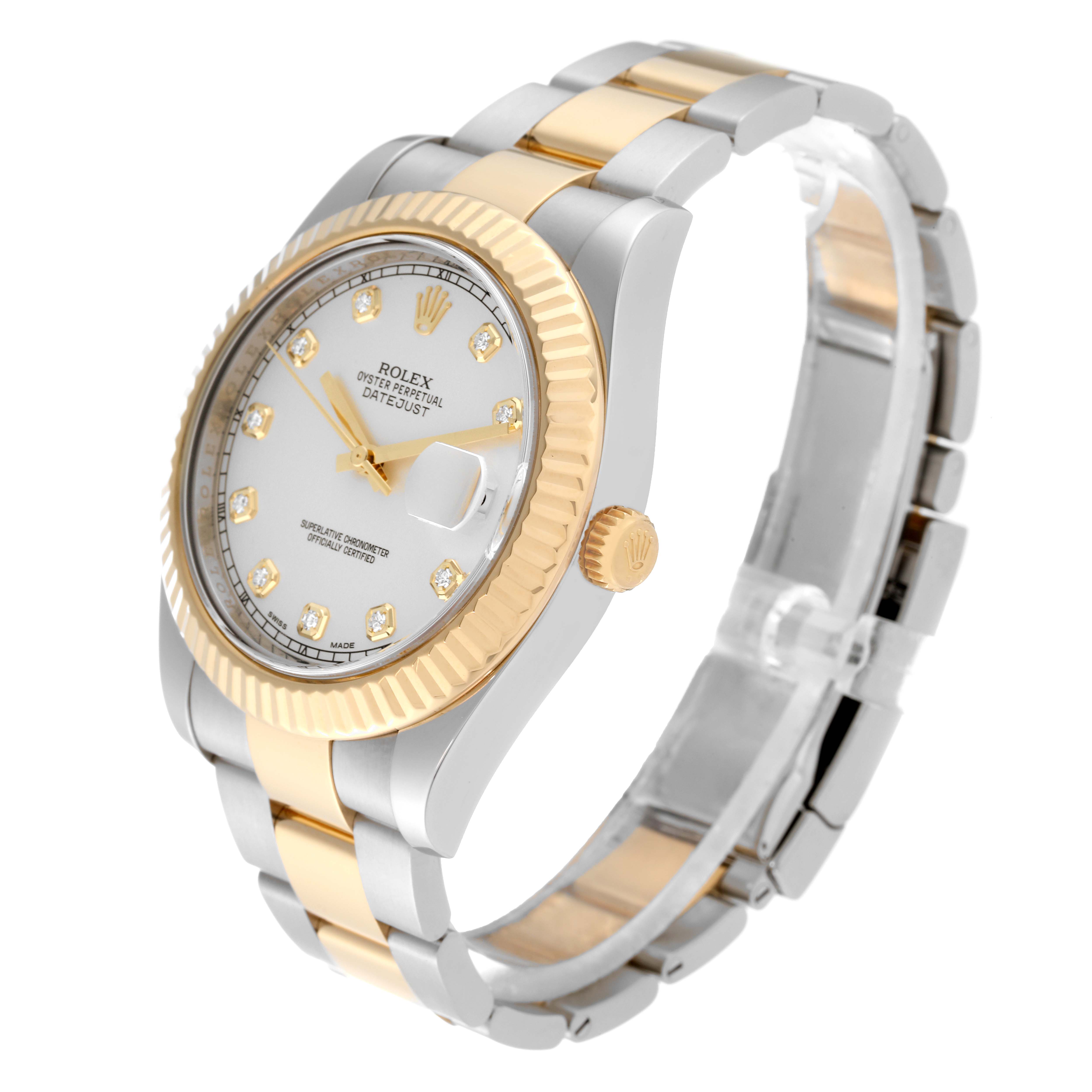 The image shows a Rolex Datejust 41 116333 Men's Steel and Gold (two tone) Silver Dial 116333 Men's Steel and Gold (two tone) Silver Dial watch from an angled side view, highlighting its gold and silver bracelet, fluted bezel, and dial.