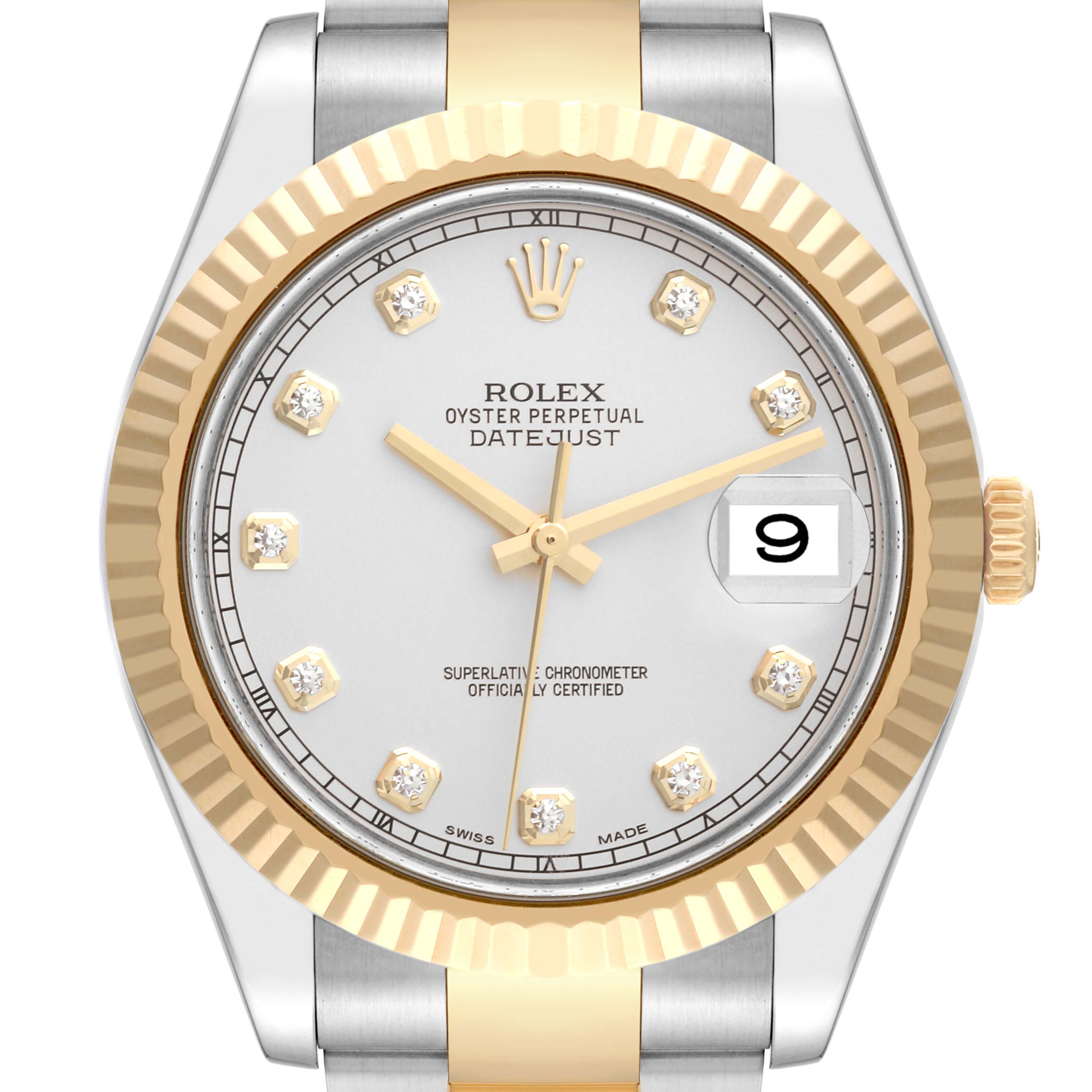 The Rolex Datejust 41 116333 Men's Steel and Gold (two tone) Silver Dial 116333 Men's Steel and Gold (two tone) Silver Dial watch is shown from a front angle, highlighting the dial, bezel, and part of the bracelet.