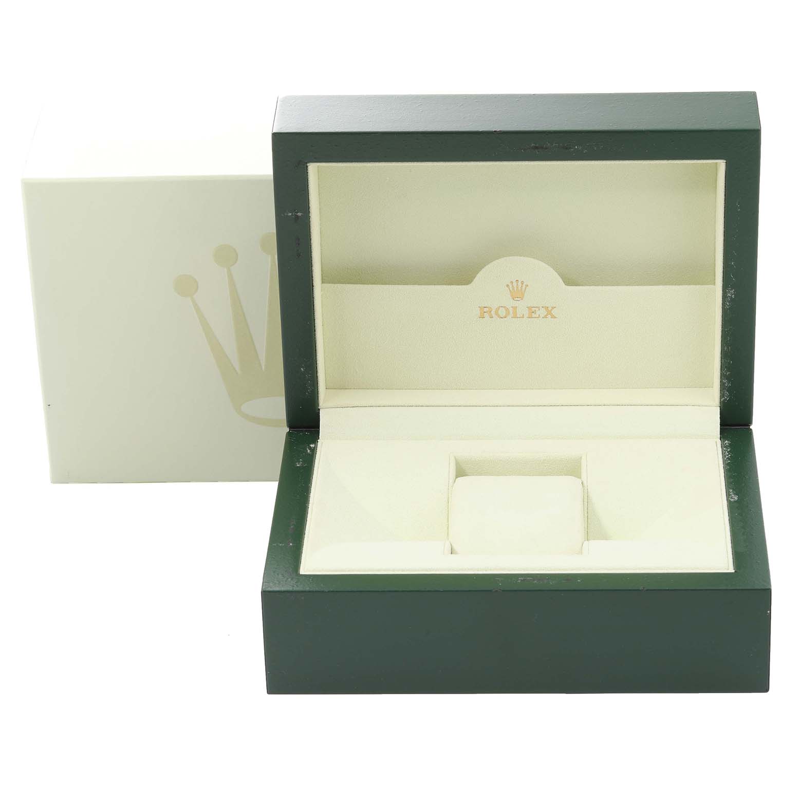 This image shows an open green and cream Rolex box designed for the Datejust 41 model.