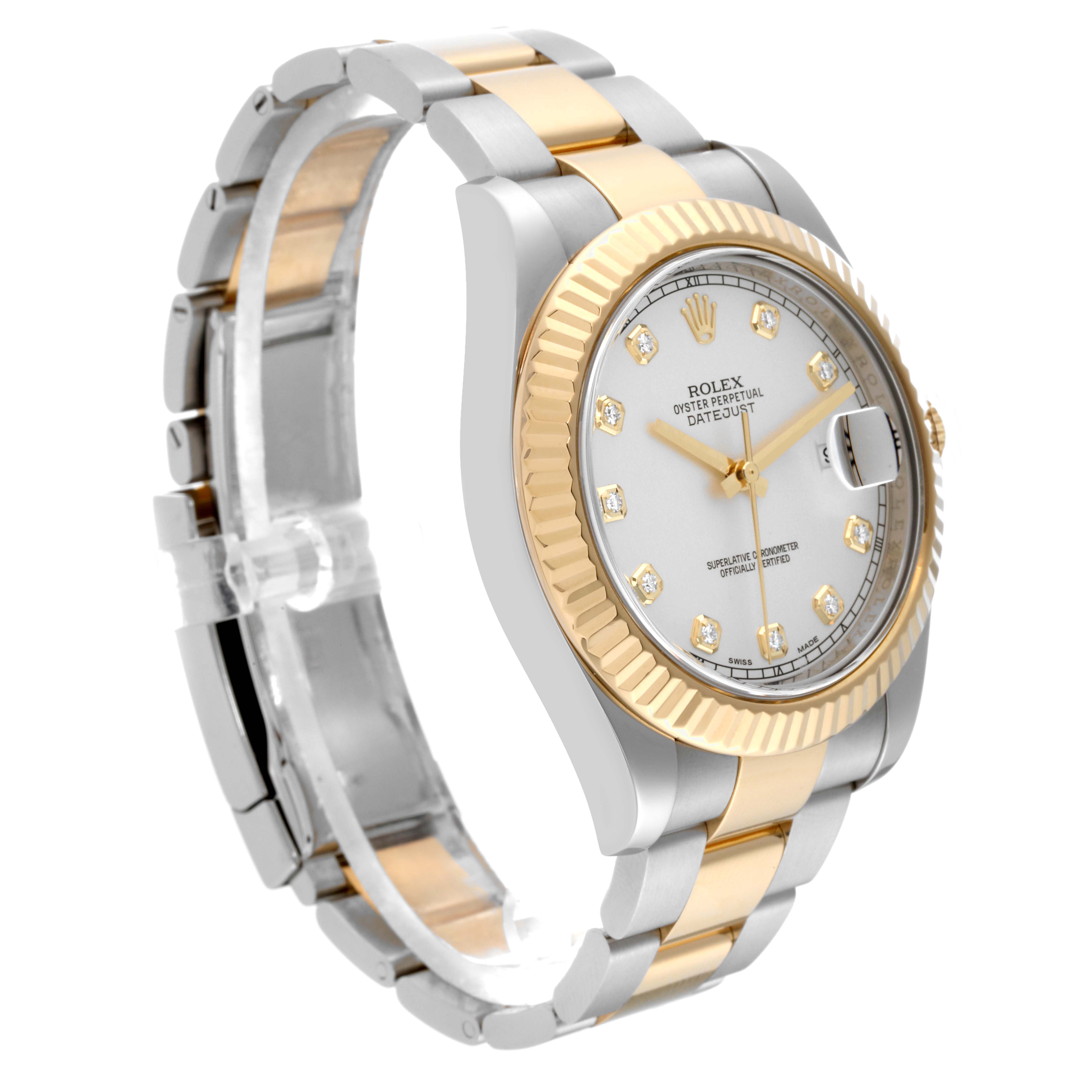 The image shows a side angle view of the Rolex Datejust 41 116333 Men's Steel and Gold (two tone) Silver Dial 116333 Men's Steel and Gold (two tone) Silver Dial watch, highlighting its two-tone bracelet, fluted bezel, and diamond hour markers.
