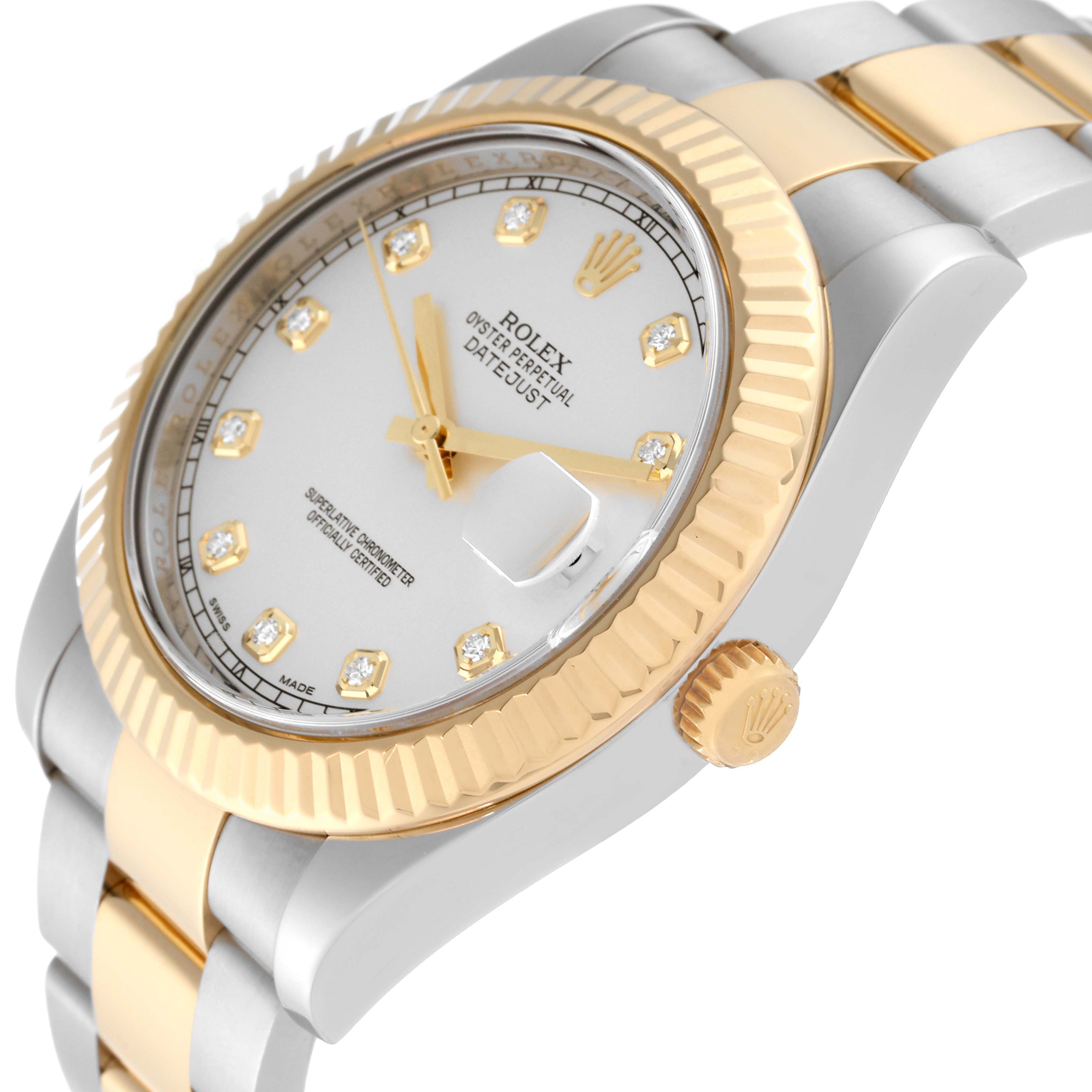 The Rolex Datejust 41 116333 Men's Steel and Gold (two tone) Silver Dial 116333 Men's Steel and Gold (two tone) Silver Dial watch is shown at an angle highlighting the dial, bezel, crown, and part of the bracelet.