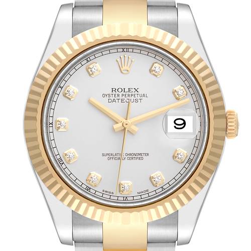 The image shows a front view of the Rolex Datejust 41 model, highlighting its dial, hands, bezel, and part of the bracelet.