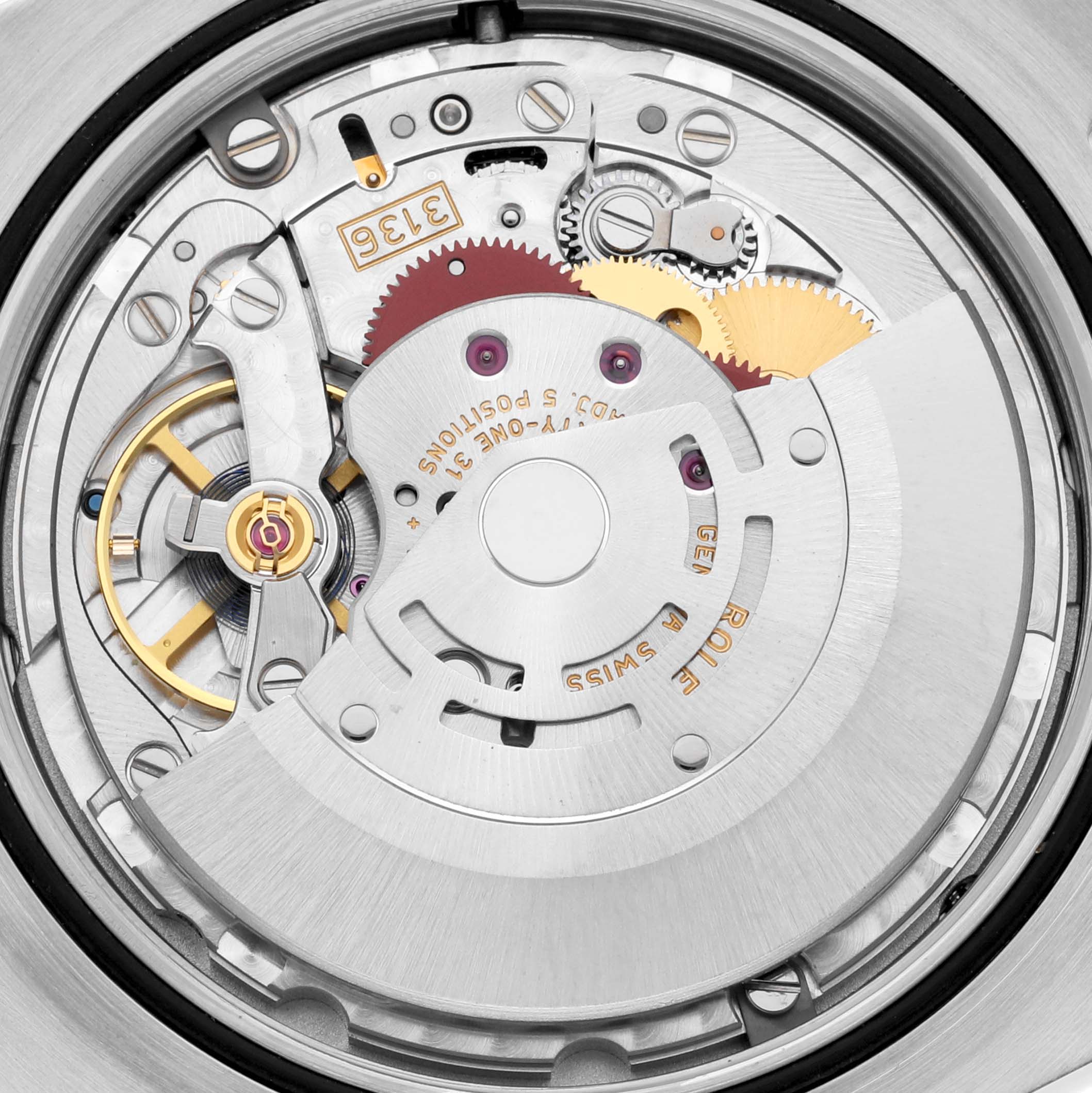 The image shows the movement mechanism of a Rolex Datejust 41 116333 Men's Steel and Gold (two tone) Silver Dial 116333 Men's Steel and Gold (two tone) Silver Dial model from a rear perspective, featuring its internal components.