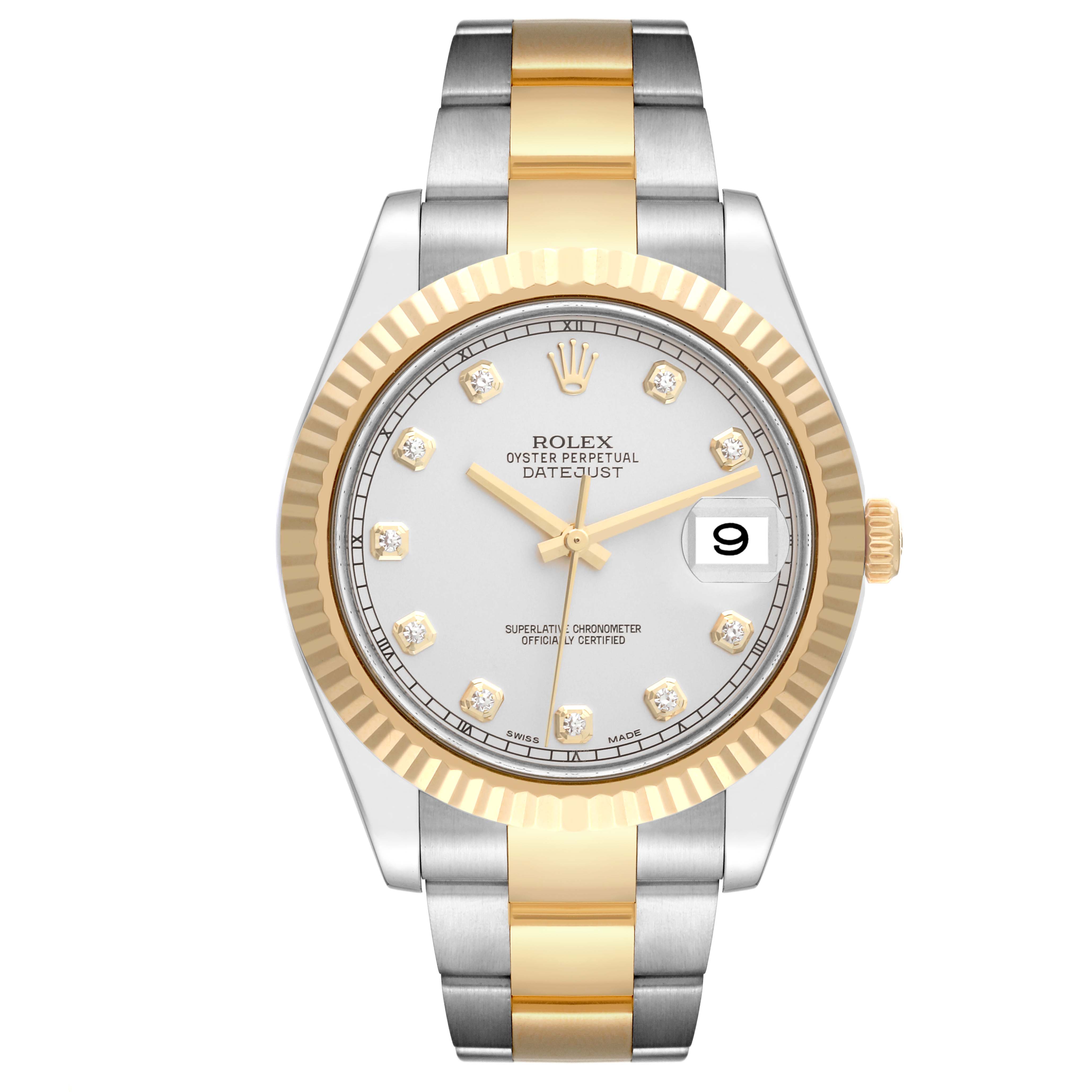 This image shows a front view of the Rolex Datejust 41 116333 Men's Steel and Gold (two tone) Silver Dial 116333 Men's Steel and Gold (two tone) Silver Dial, featuring a gold and silver bracelet, fluted bezel, and diamond hour markers.