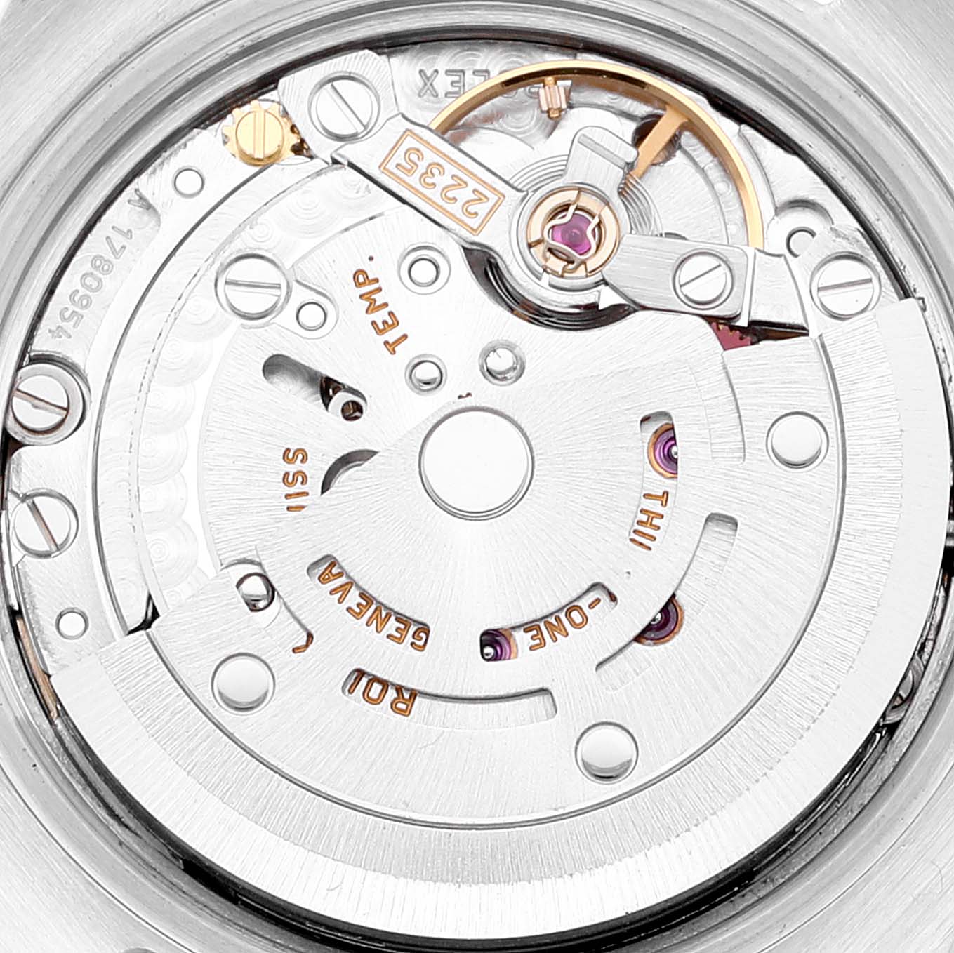 This image shows a close-up of the movement mechanism inside a Rolex Datejust 179163 Women's Steel and Gold (two tone) Champagne Dial 179163 Women's Steel and Gold (two tone) Champagne Dial watch.