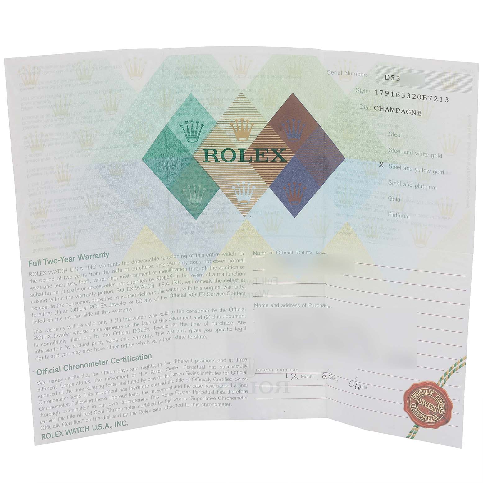 The image shows the warranty card and certificate for a Rolex Datejust 179163 Women's Steel and Gold (two tone) Champagne Dial 179163 Women's Steel and Gold (two tone) Champagne Dial, detailing its features and authenticity.