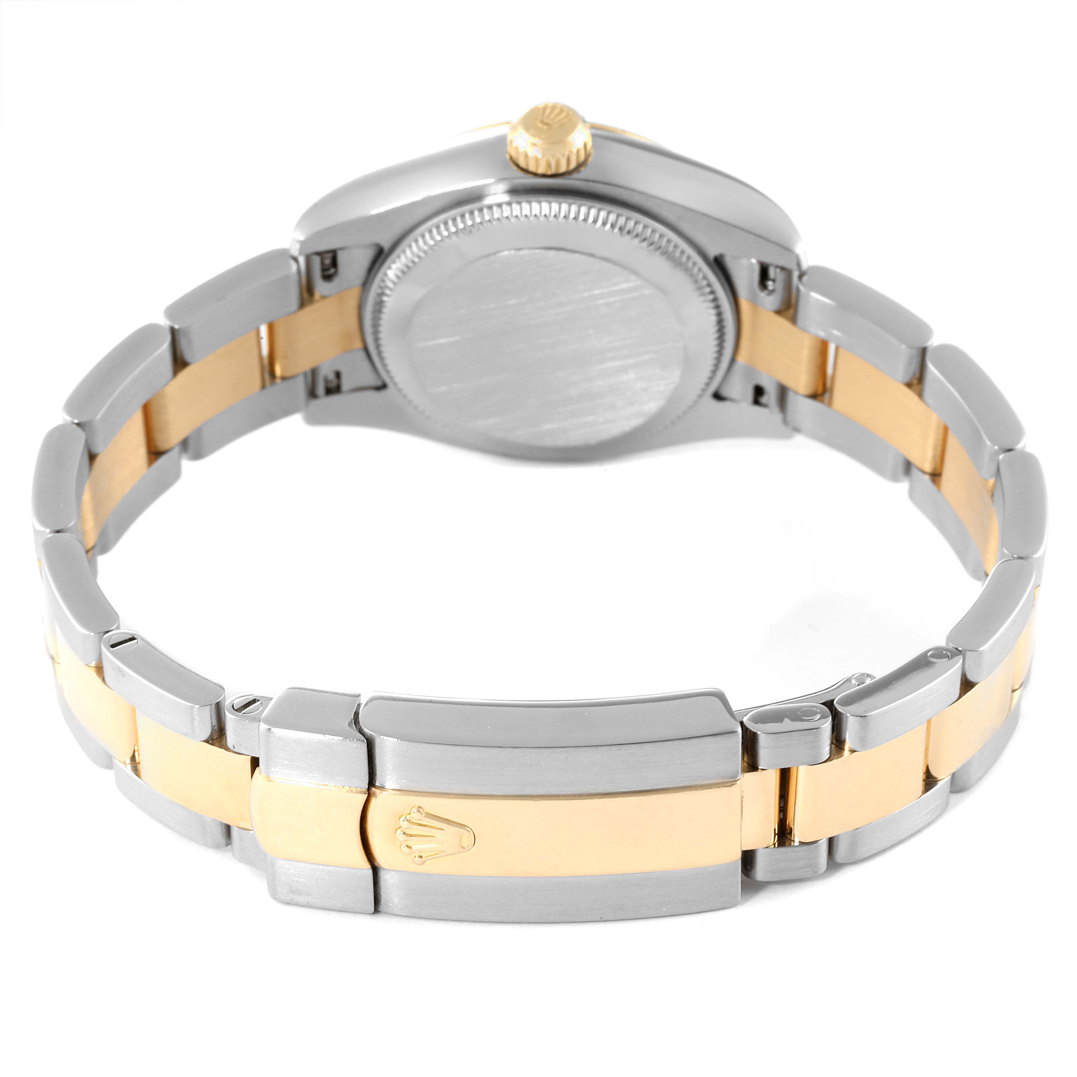 This image shows the back view of a Rolex Datejust 179163 Women's Steel and Gold (two tone) Champagne Dial 179163 Women's Steel and Gold (two tone) Champagne Dial watch, highlighting the clasp and band.