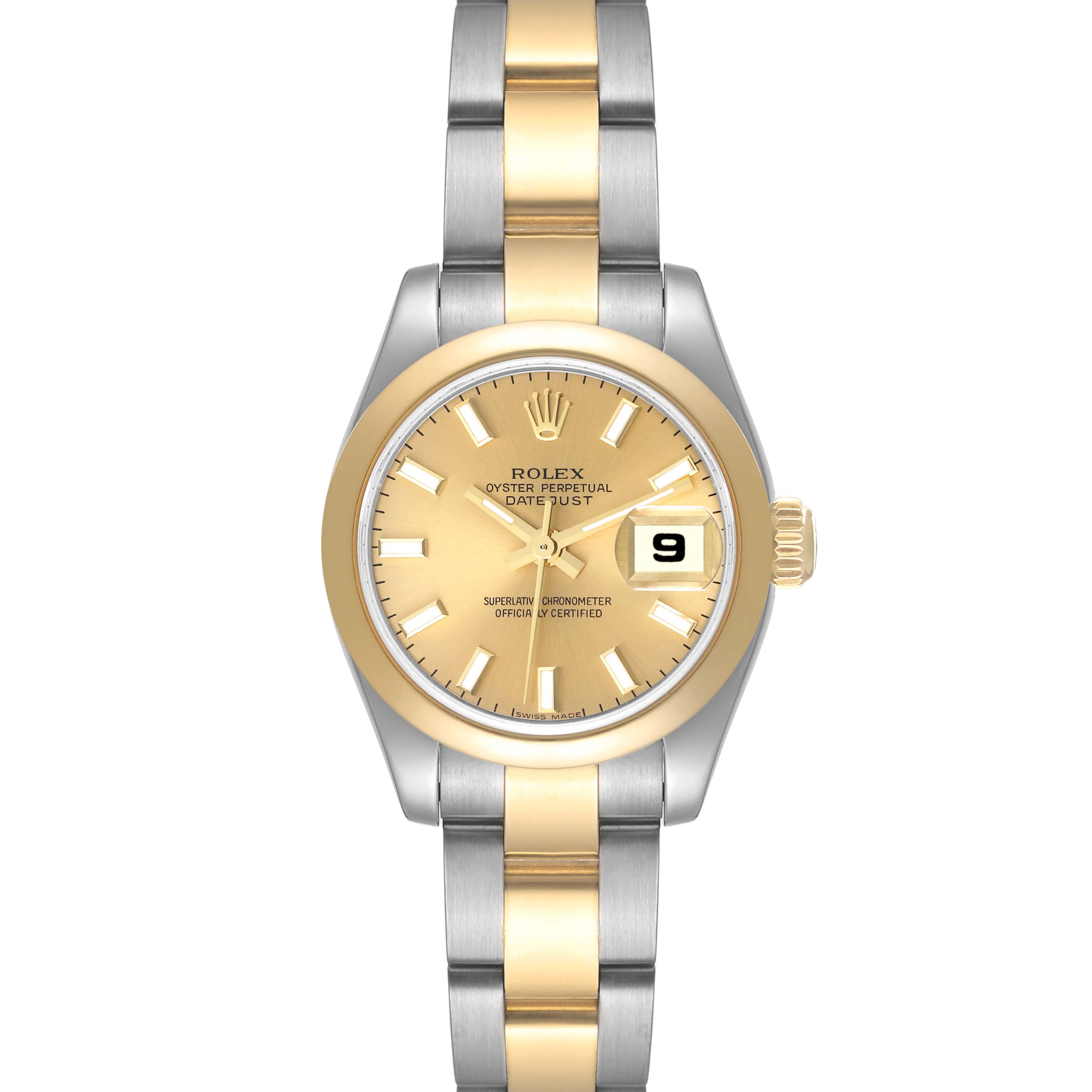 This image shows a frontal view of the Rolex Datejust 179163 Women's Steel and Gold (two tone) Champagne Dial 179163 Women's Steel and Gold (two tone) Champagne Dial watch, highlighting its dial, bezel, and bracelet.