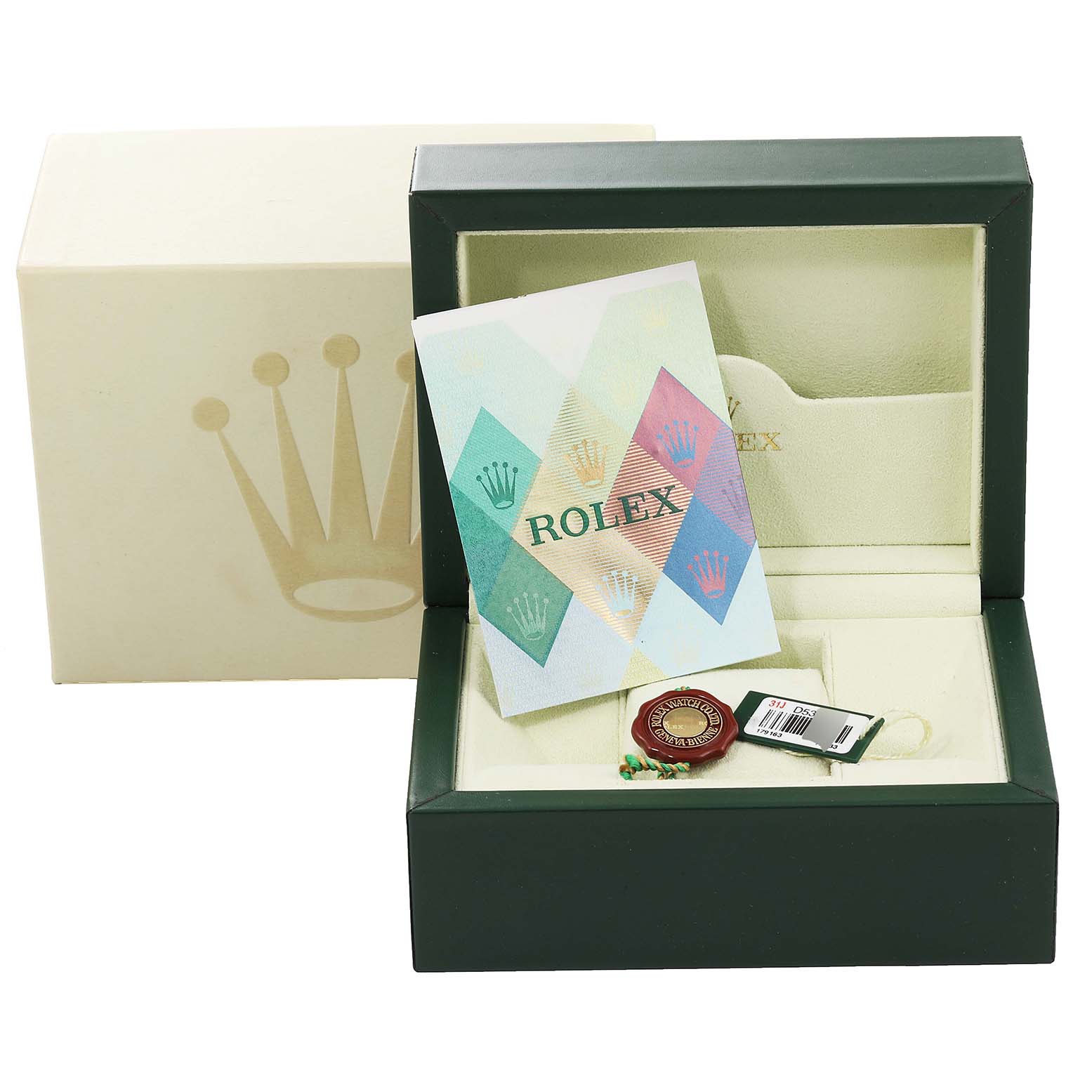 The image shows an open Rolex Datejust 179163 Women's Steel and Gold (two tone) Champagne Dial 179163 Women's Steel and Gold (two tone) Champagne Dial watch box with an instruction manual, a tag, and the warranty card.