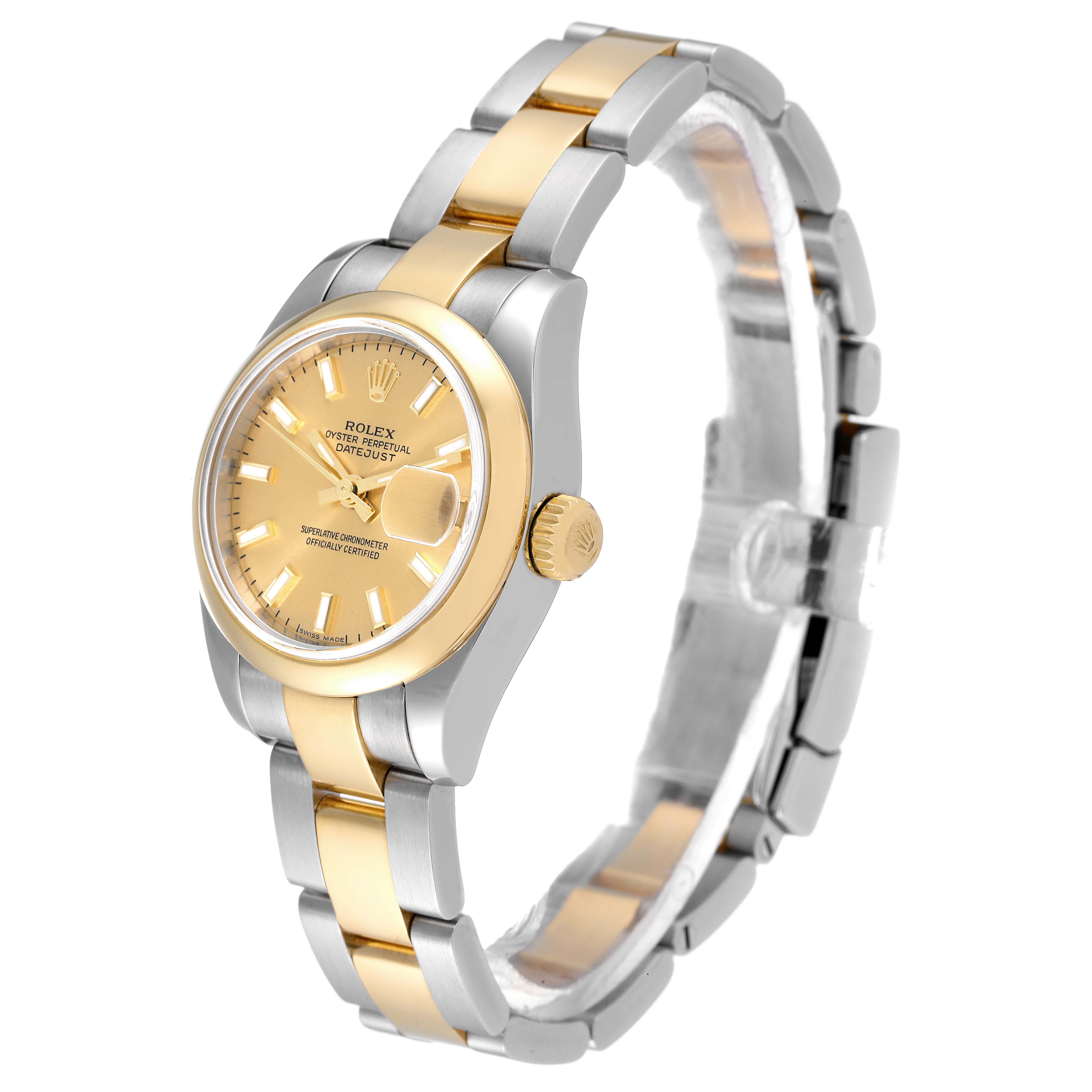 The Rolex Datejust 179163 Women's Steel and Gold (two tone) Champagne Dial 179163 Women's Steel and Gold (two tone) Champagne Dial watch is shown at a three-quarter angle, highlighting its gold and silver two-tone bracelet and gold dial.