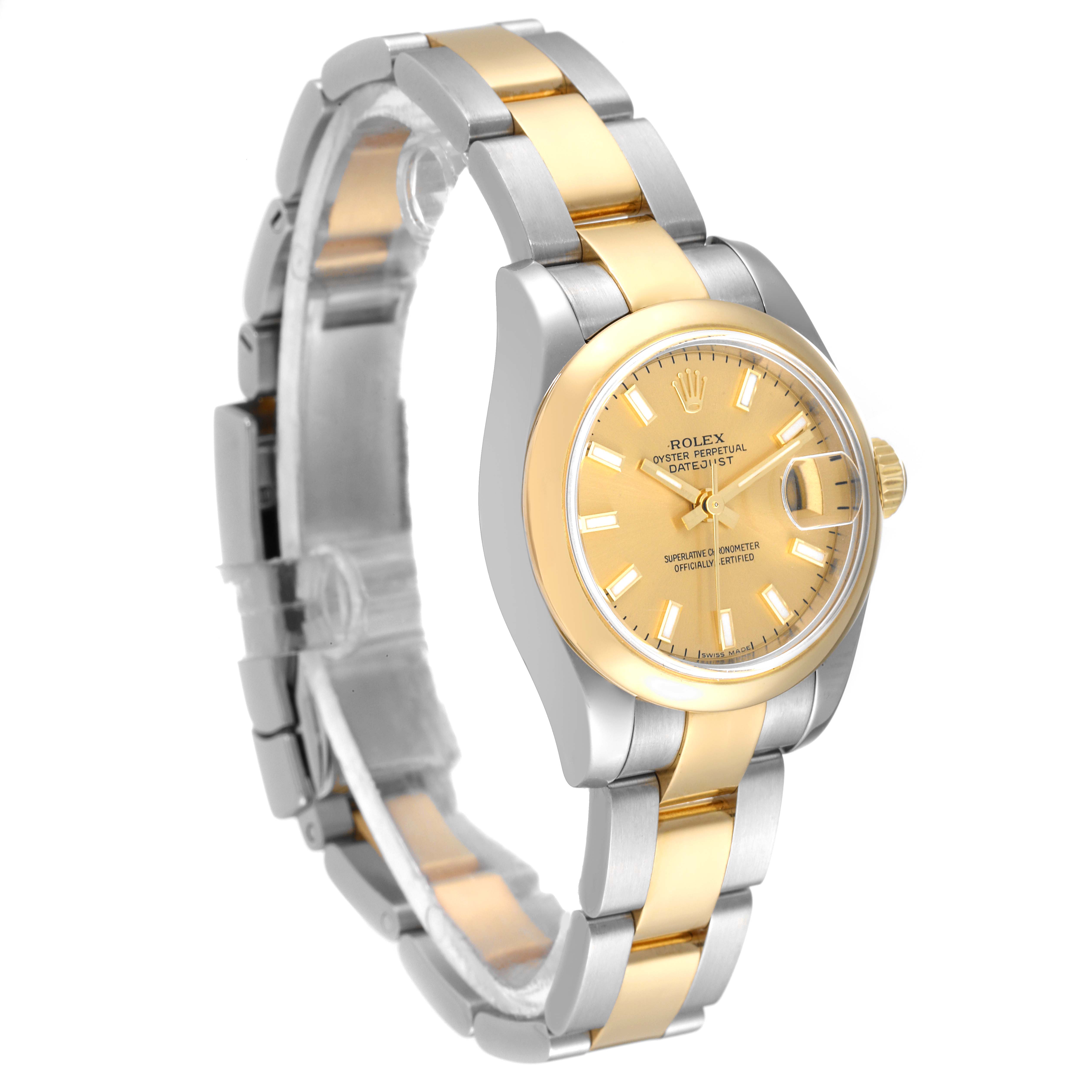 The Rolex Datejust 179163 Women's Steel and Gold (two tone) Champagne Dial 179163 Women's Steel and Gold (two tone) Champagne Dial watch is shown at an angle, displaying the dial, bezel, case, and part of the bracelet.
