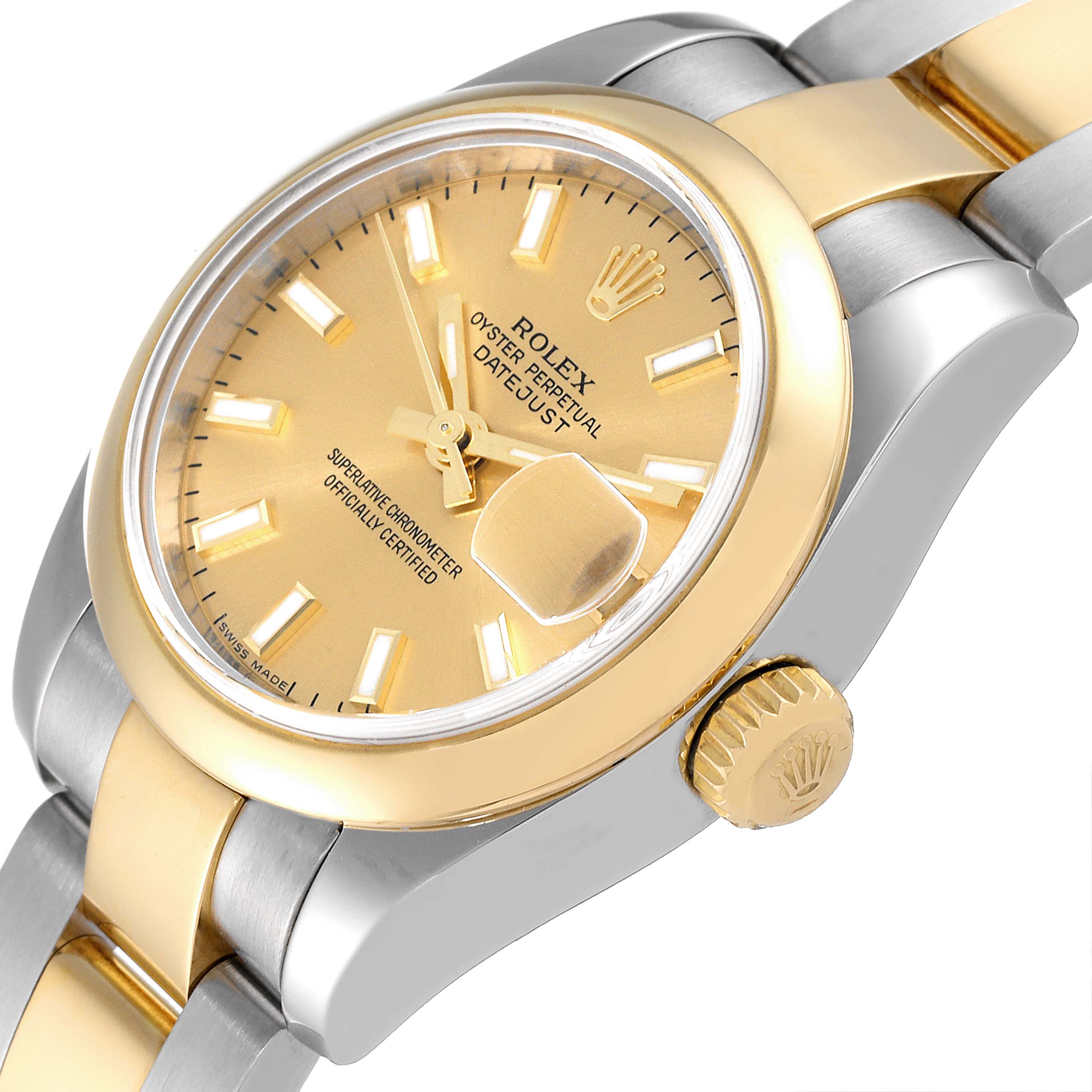 This image shows the face, bezel, and part of the bracelet of a Rolex Datejust 179163 Women's Steel and Gold (two tone) Champagne Dial 179163 Women's Steel and Gold (two tone) Champagne Dial watch at an oblique angle.