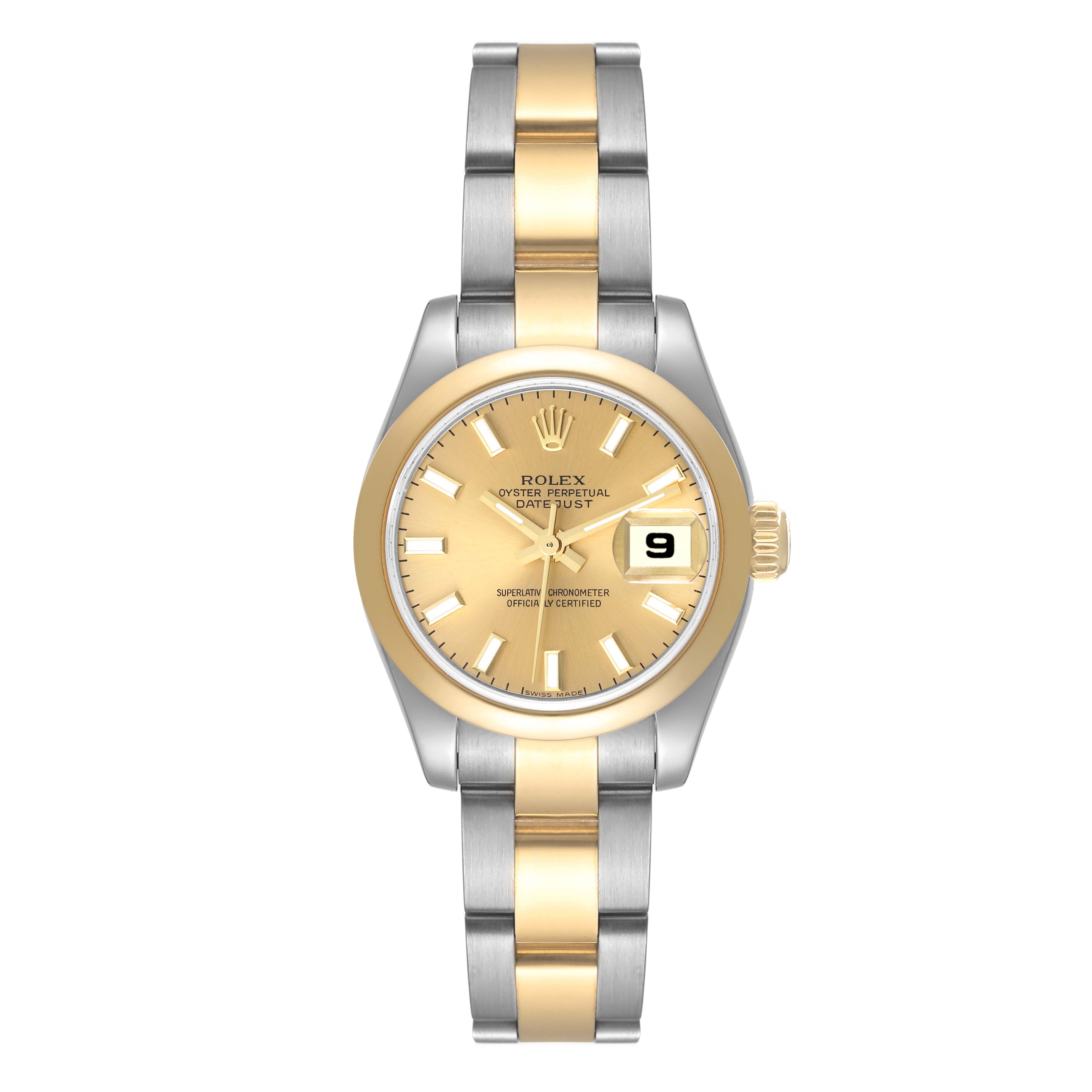 This image shows a front view of a Rolex Datejust 179163 Women's Steel and Gold (two tone) Champagne Dial 179163 Women's Steel and Gold (two tone) Champagne Dial watch, highlighting its dial, bezel, bracelet, and crown.