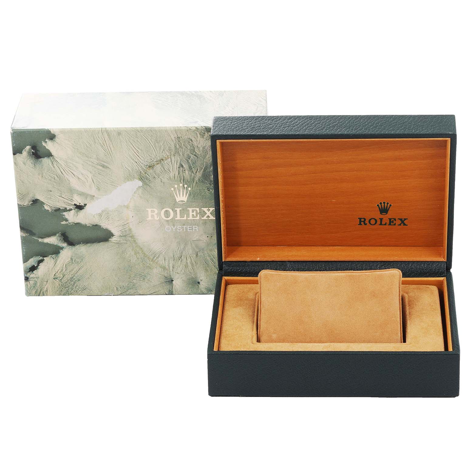 The image shows an open Rolex watch box and outer packaging for a Mid-Size Rolex Oyster model.