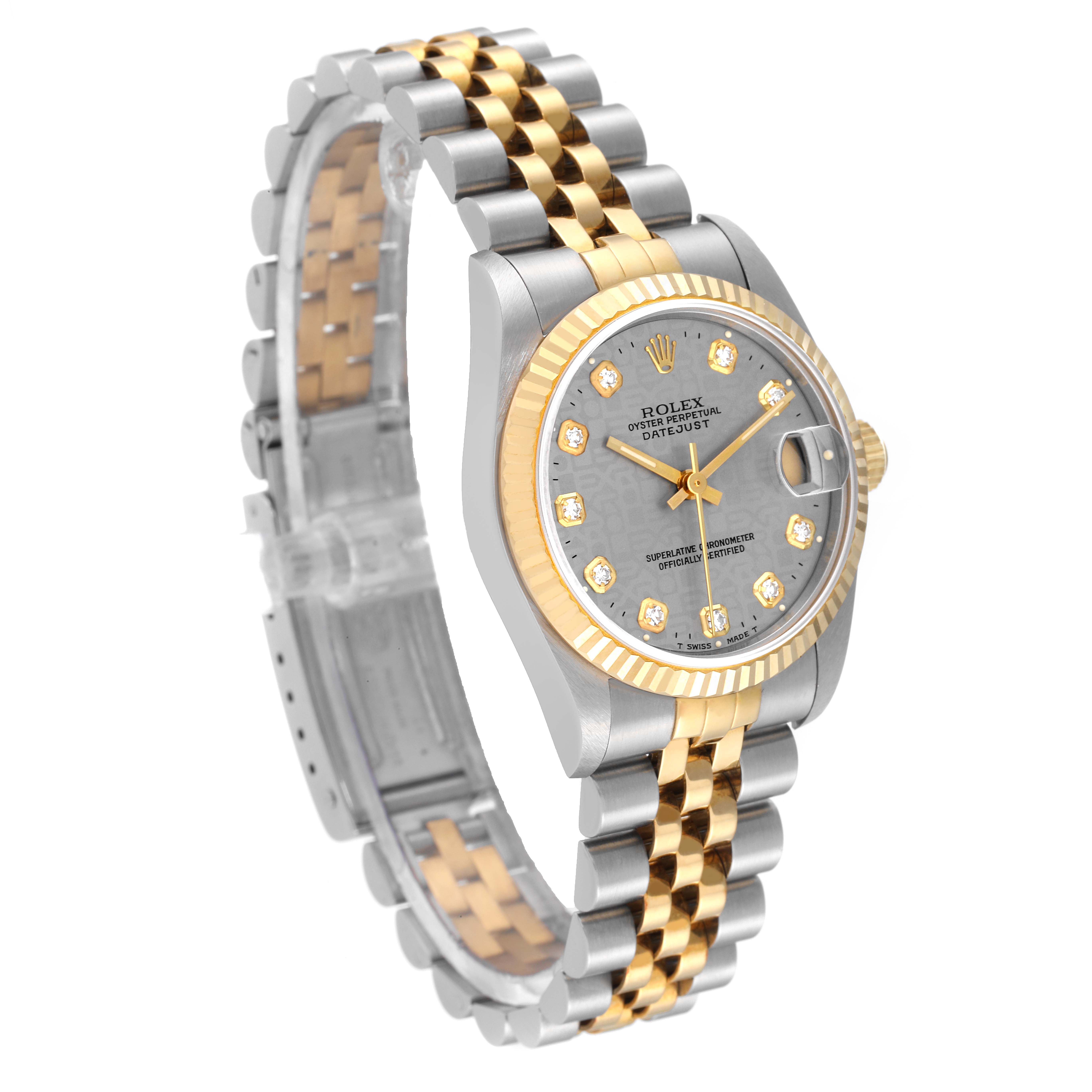 The image shows a side angle view of a Rolex Mid-Size 68273 Women's Steel and Gold (two tone) Grey Dial 68273 Women's Steel and Gold (two tone) Grey Dial Oyster Perpetual Datejust watch, highlighting its two-tone bracelet and diamond markers.