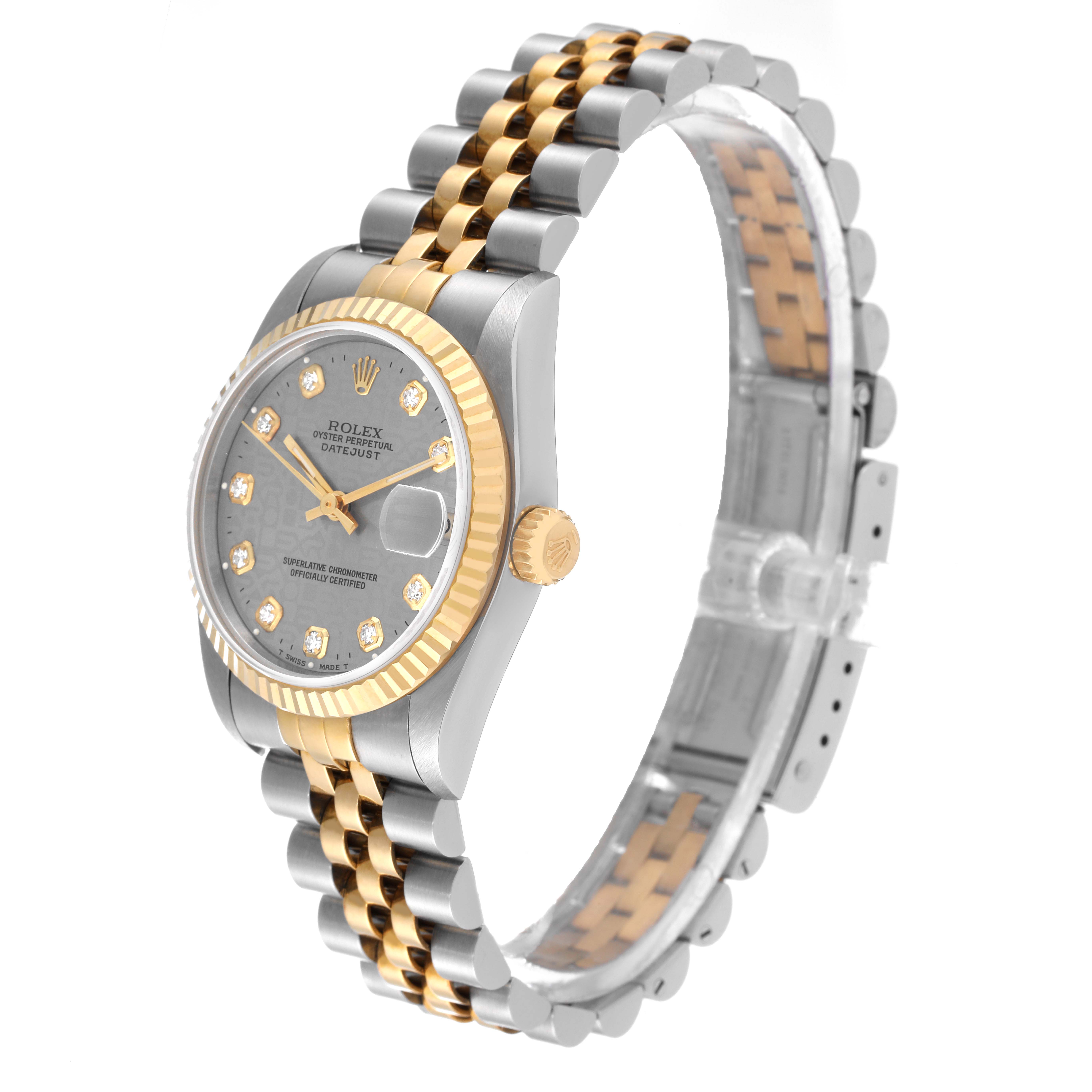 The image shows a side angle of a Rolex Mid-Size 68273 Women's Steel and Gold (two tone) Grey Dial 68273 Women's Steel and Gold (two tone) Grey Dial model, highlighting its two-tone bracelet, crown, and diamond-accented dial.
