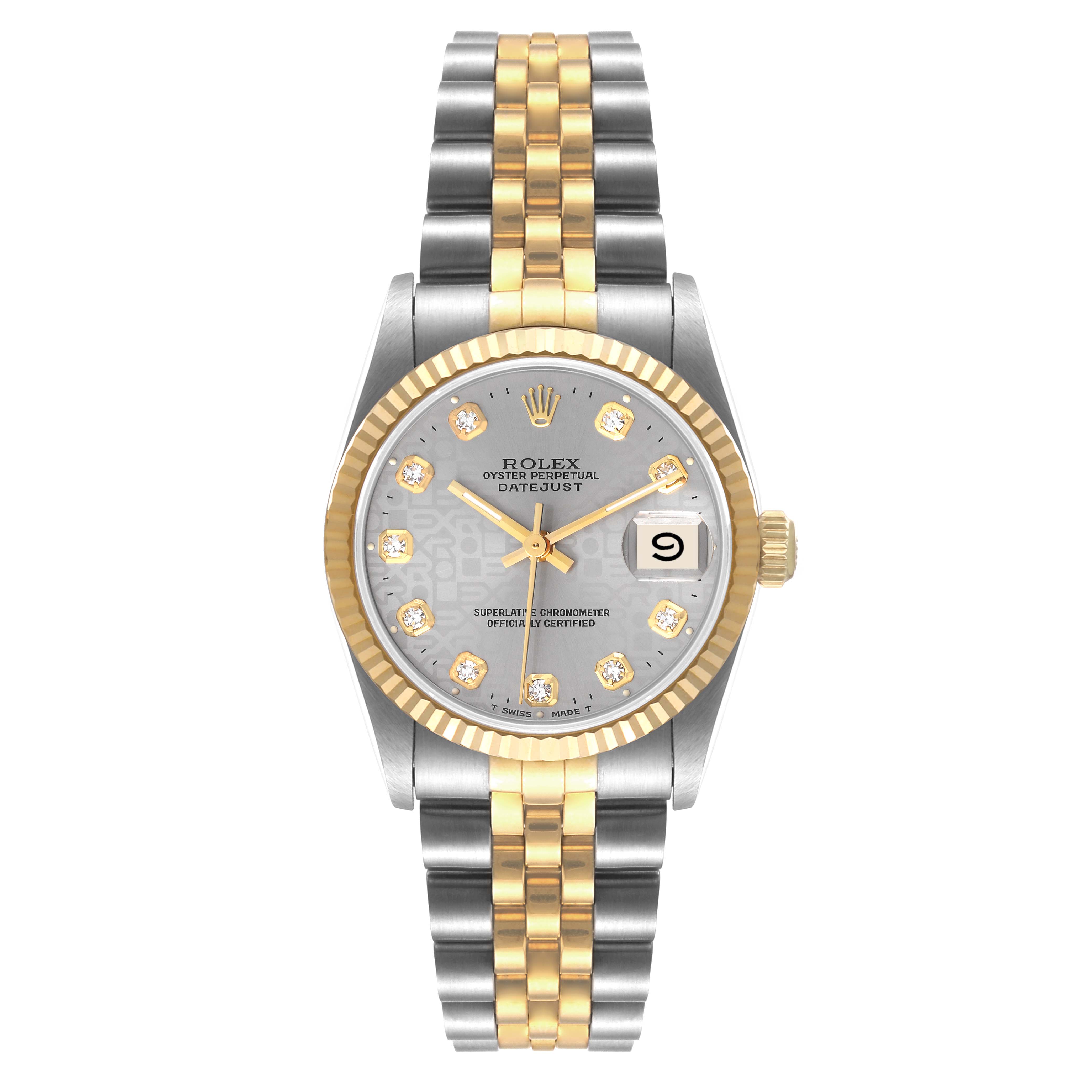 The image shows a Rolex Datejust Mid-Size watch with a two-tone bracelet and a gray dial with gold accents and diamond markers.