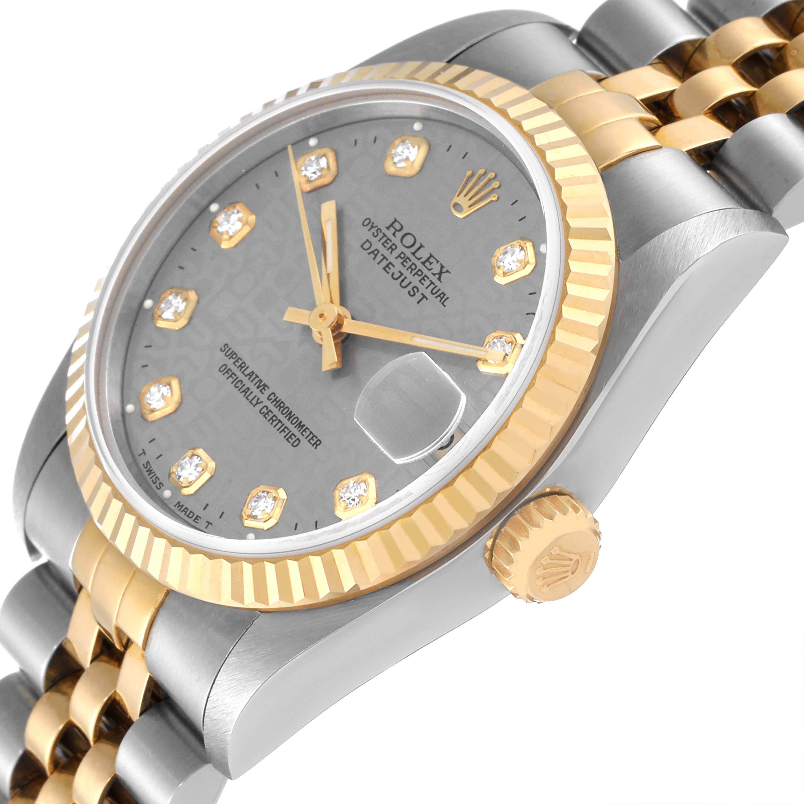 This image shows a close-up side angle of a Rolex Datejust Mid-Size watch, highlighting the dial, bezel, and part of the bracelet.